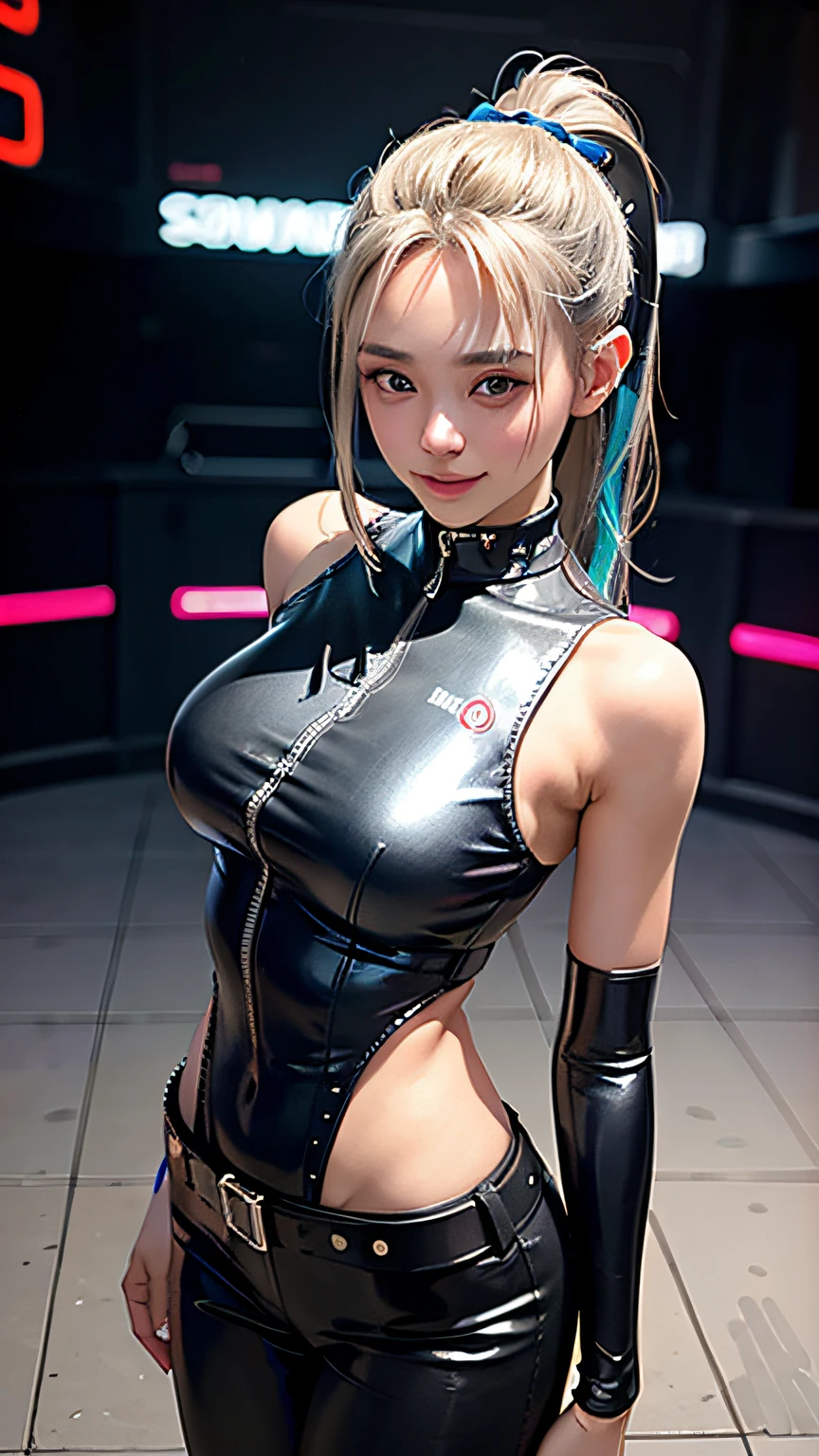 ****ta, smiling, 20 years old, ((best quality)), ((masterpiece)), (high definition:1.3), 3D, beautiful (cyberpunk:1.3), stylish woman looking at camera black leather clothes, sleeveless, embarrassed, waist skin invisible, blue-black leather pants, silver zipper,belt below the waist,super fine illustration,blond hair , showing forehead, silver center zipper, leather blue black bodysuit, sleevelesblue blacks, shiny, blonde ponytail