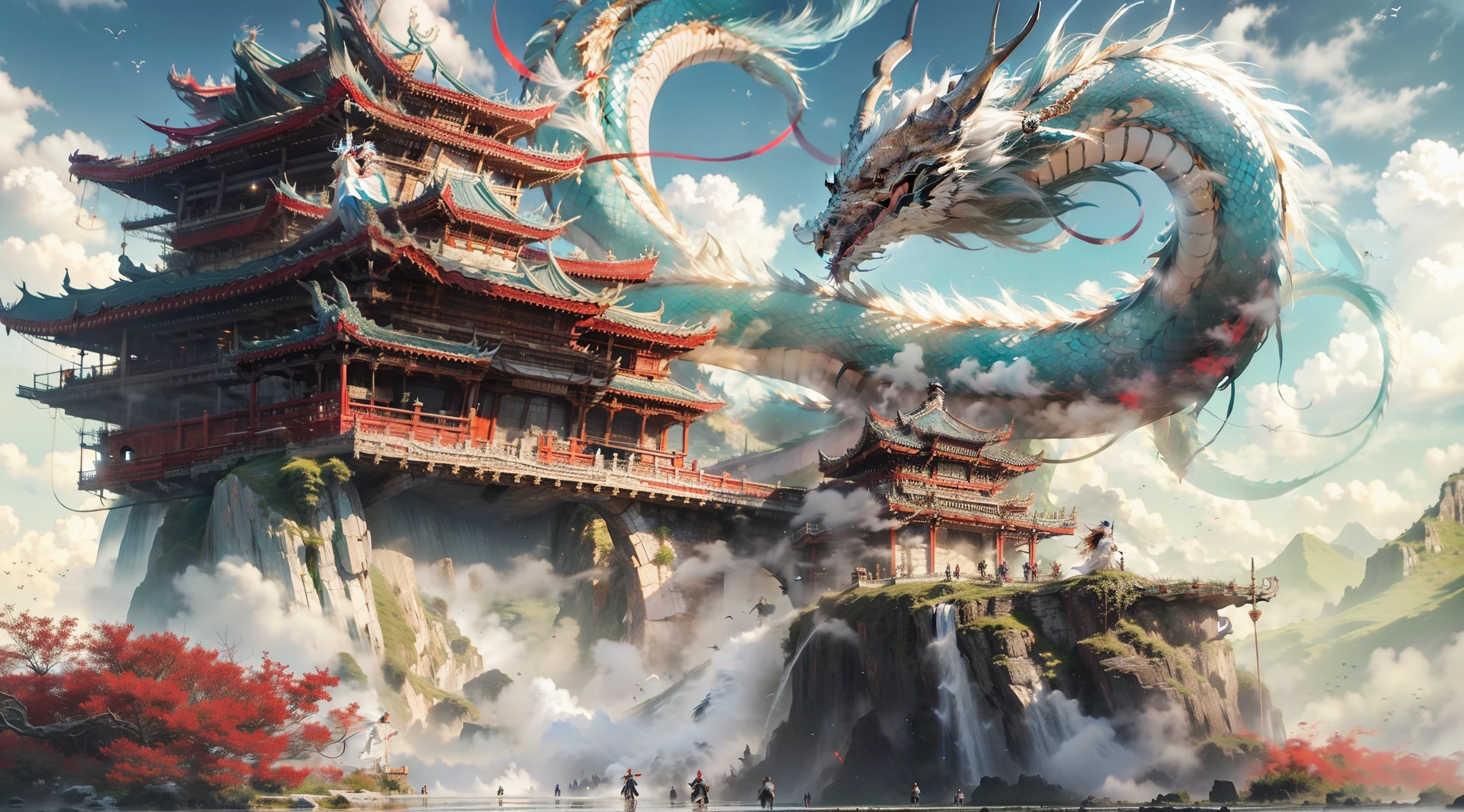 On the dragon's head stood a white figure holding a long sword,The wind blew through his long hair and white clothes,