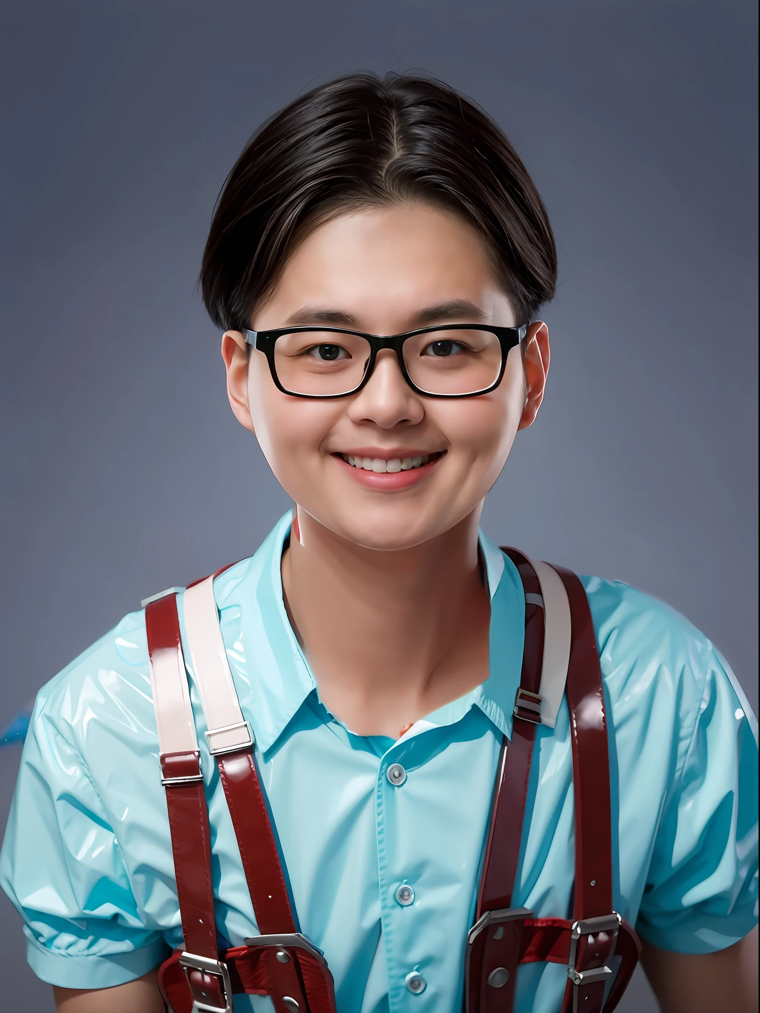 A -yeld mahigh school student,Wearing a PVC red suspender,Cyan mid-headed