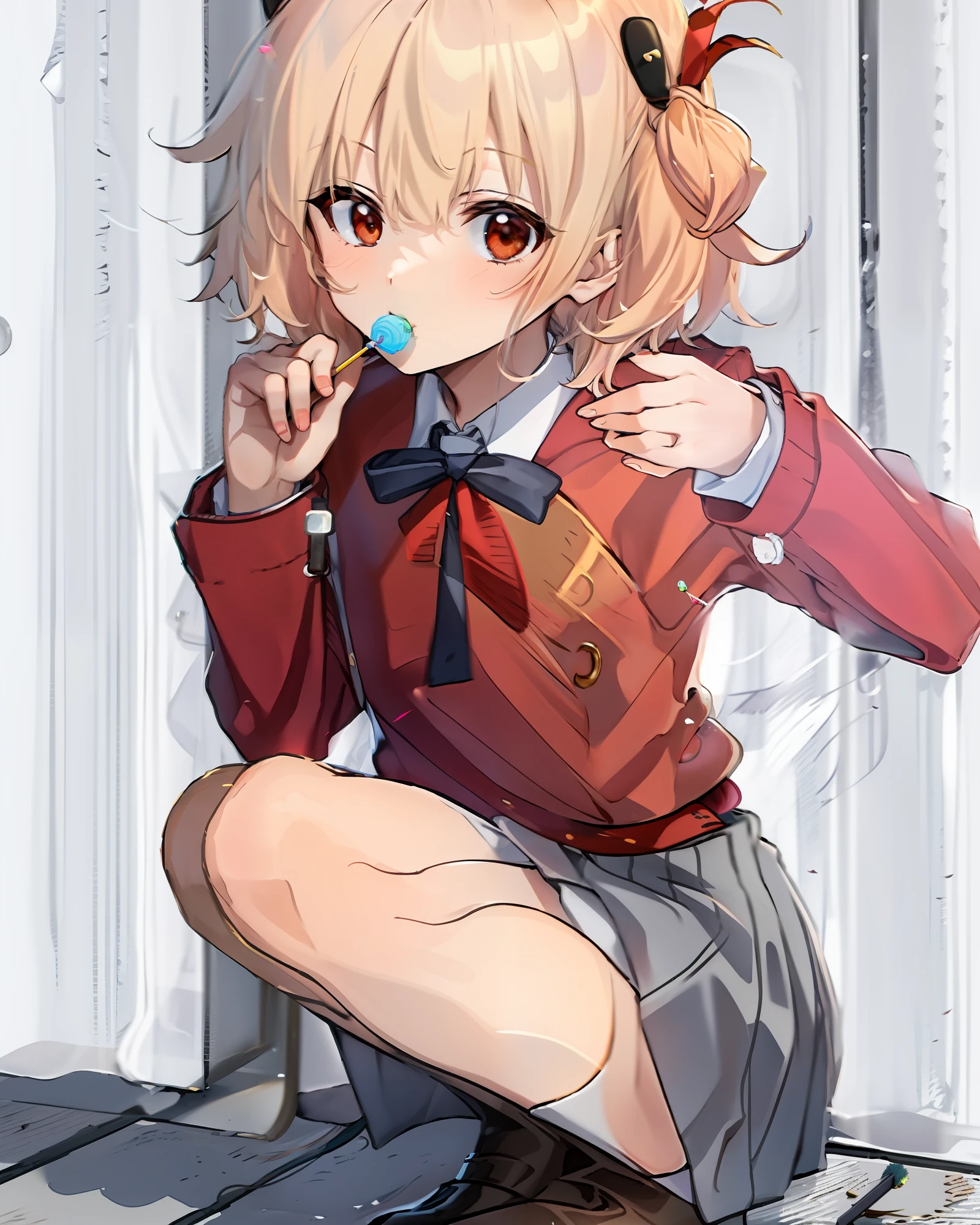 Short light blonde hair,Pale gold wolf ears,JK school uniform,Squat,With a lollipop in his mouth,Brush your hair with one hand,orange eyes,half closed eye