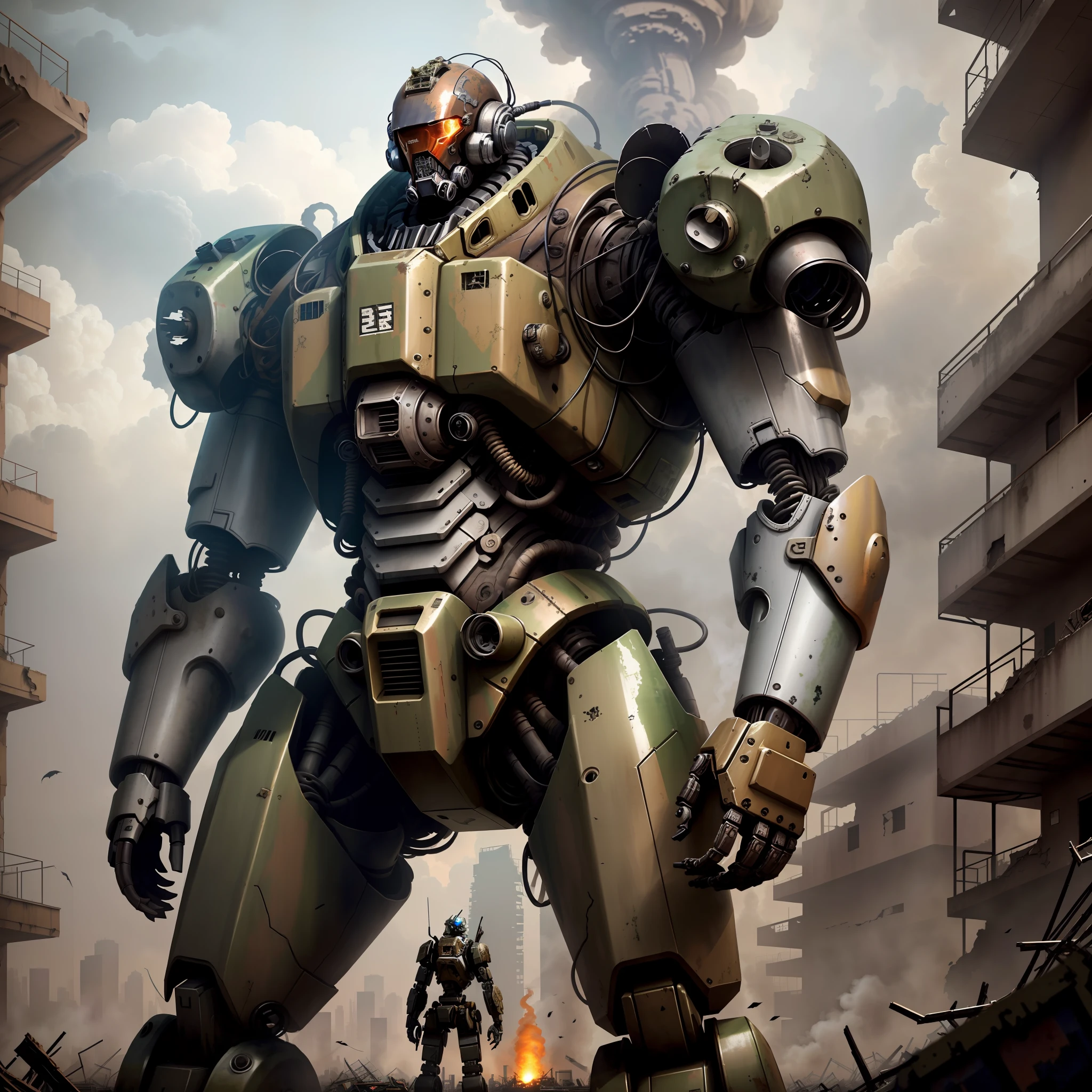 6-meter tall mech standing in city ruins, (built from scrap parts: 1.9) (The ruined city and mech in the background are in chaos, rusty metal and missing parts reveal an atmosphere of destruction and chaos.) The dark atmosphere has the effect of increasing smoke and dust, enhancing the realism of the picture. Make sure the details are handled properly and the artwork resolution needs to be at least 8K to ensure the best visual effect. ):0.8, (please use the cruel color theme): 0.2,