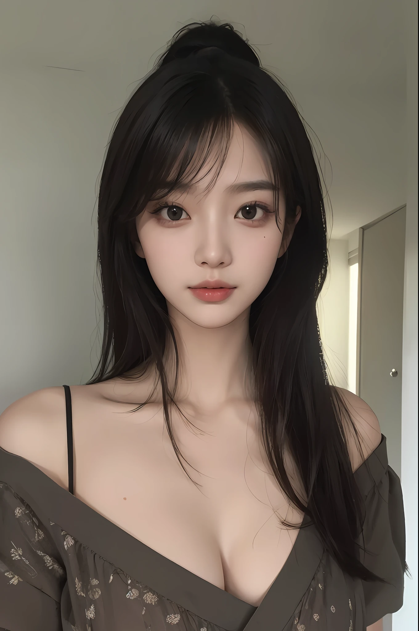 masterpiece、The highest image quality、hightquality、Beautuful Women、japanes、Popular Korean Makeup、detaileds、Swollen eyes、A detailed eye、Detailed skin、Beautiful skins、超A high resolution、(Realistis:1.4)、very extremely beautiful、Slightly younger face、Beautiful skins、thin、(A hyper-realistic)、(illustratio)、(hight resolution)、(8K)、(ighly detailed)(The best illustrations)、(beautifully detailed eyes)、(ultra-detailliert)、(wall-paper)、(详细的脸)、looking at the viewers、fine detailed、 A detailed face、pureerosfaceace_v1、a smile、Looking straight ahead、photos realistic、Bright lighting、profetional lighting、A dark-haired、(((shorth hair)))、brightly lit room、painterly