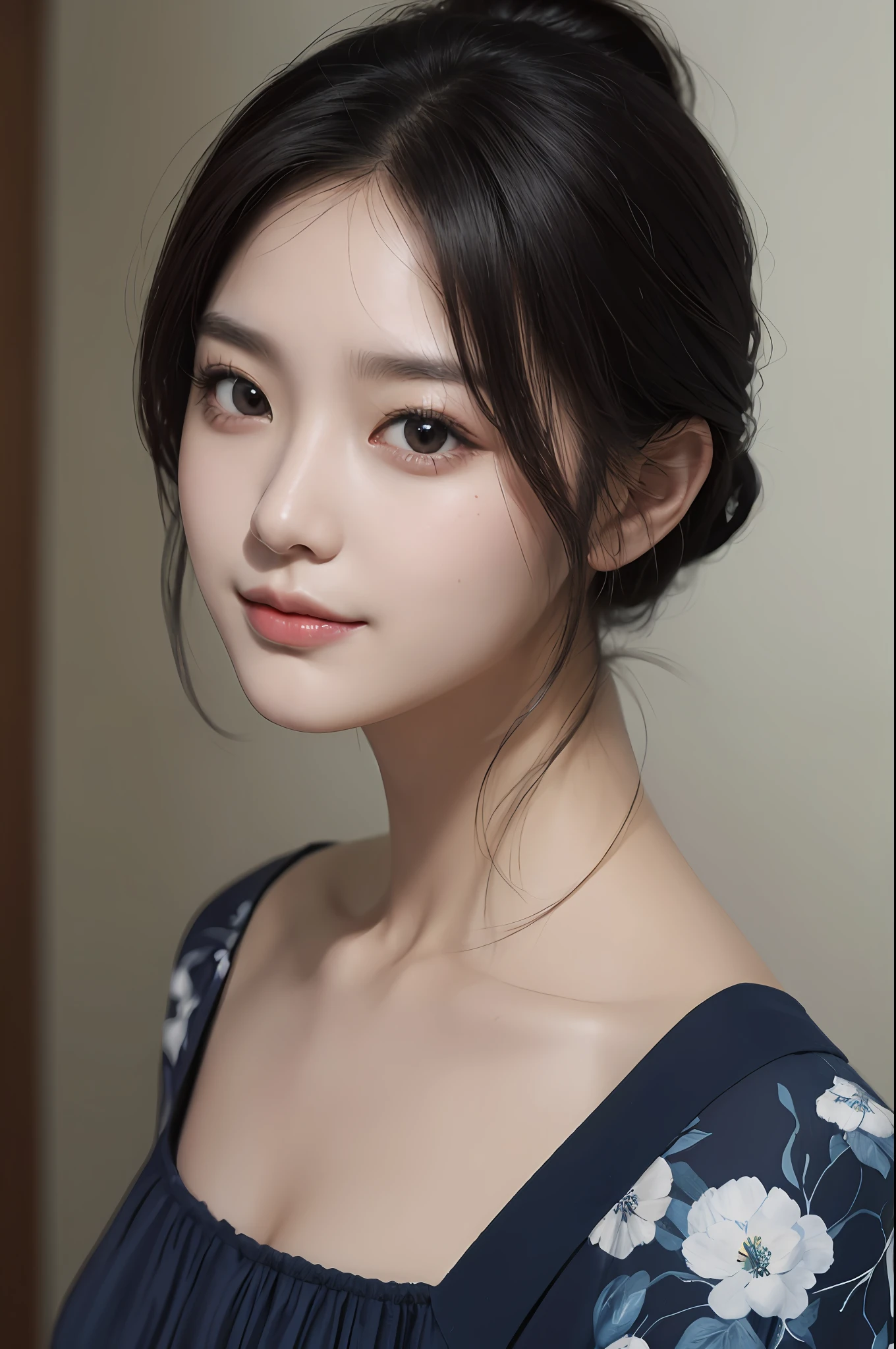 ​masterpiece、The highest image quality、hightquality、Beautuful Women、japanes、Popular Korean Makeup、detaileds、Swollen eyes、A detailed eye、Detailed skin、Beautiful skins、超A high resolution、(Realistis:1.4)、very extremely beautiful、Slightly younger face、Beautiful skins、thin、(A hyper-realistic)、(illustratio)、(hight resolution)、(8K)、(ighly detailed)(The best illustrations)、(beautifully detailed eyes)、(ultra-detailliert)、(wall-paper)、(详细的脸)、looking at the viewers、fine detailed、 A detailed face、pureerosfaceace_v1、a smile、Looking straight ahead、photos realistic、Bright lighting、profetional lighting、A dark-haired、(((shorth hair)))、brightly lit room、painterly
