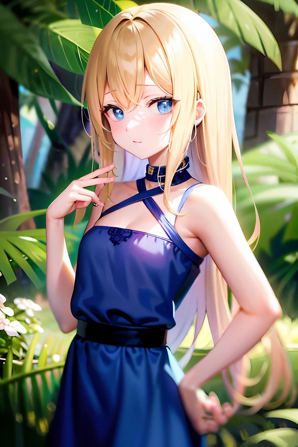 "Kizi,Blonde hair,a blue dress,blue color eyes,only revealing his upper body"