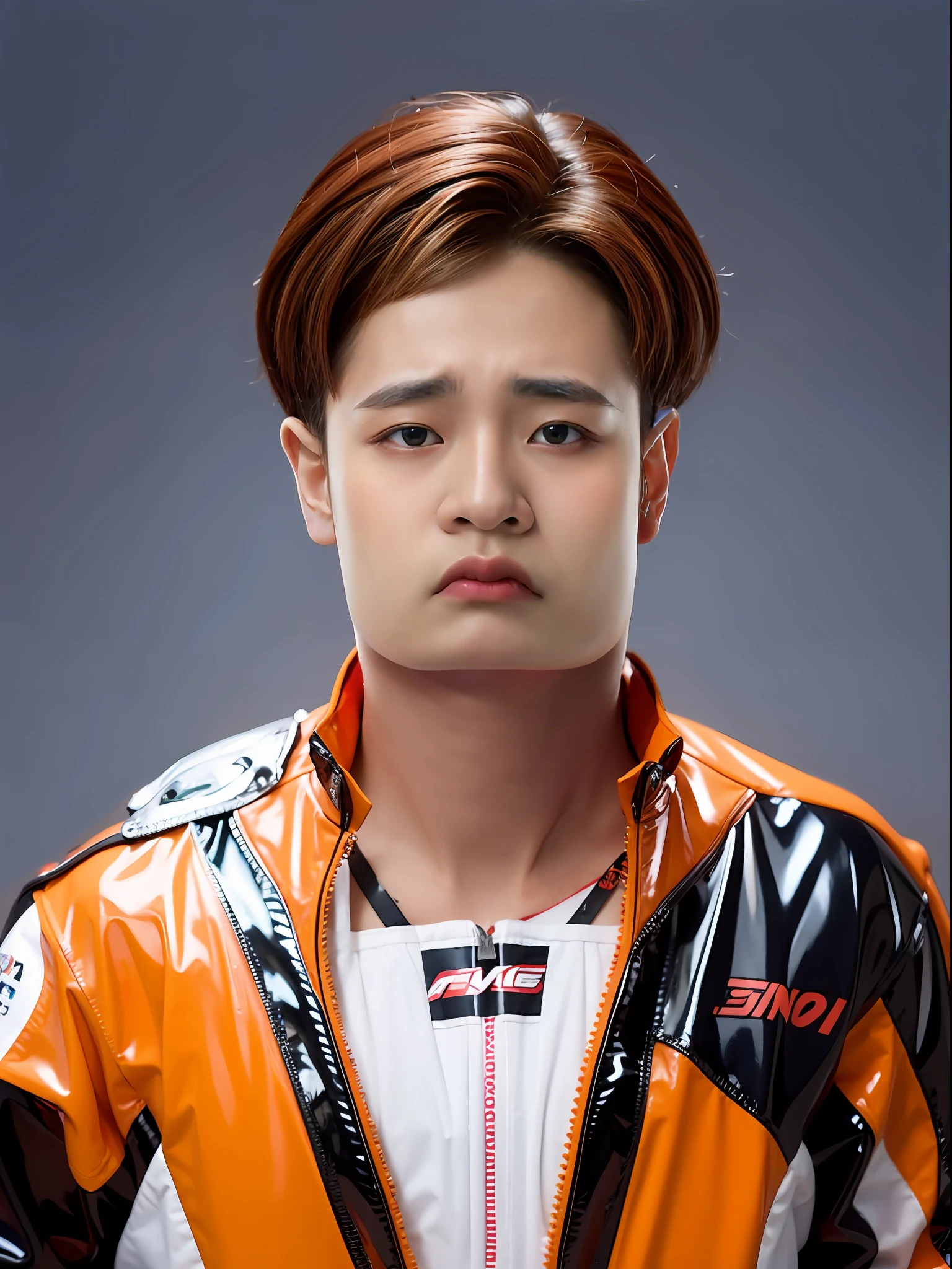 A 16-year-old male high school student，Wearing a PVC orange racing suit，Burgundy hair