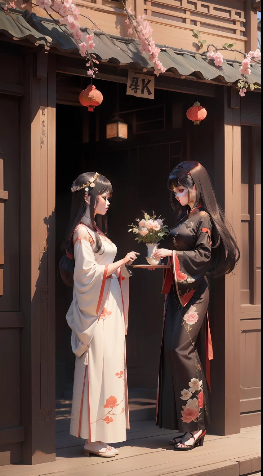 ((4k,masterpiece,best quality)), shuimobysim, Traditional chinese painting, yulan, Hanfu, maxiskit, Dress conservative 6 girls, Take the flowers, whaite hair, long whitr hair, In the Chinese courtyard