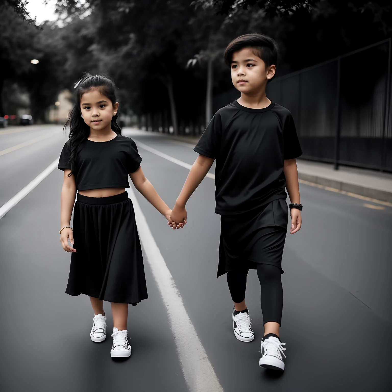 A Child Girl wearing a black outfit with details and a long black skirt is walking hand in hand with A 3-year-old boy he is wearing a black blouse with detached details a nike sshort and wearing a high top sneaker 8k uhd, dslr, soft-lighting, alta qualidade,