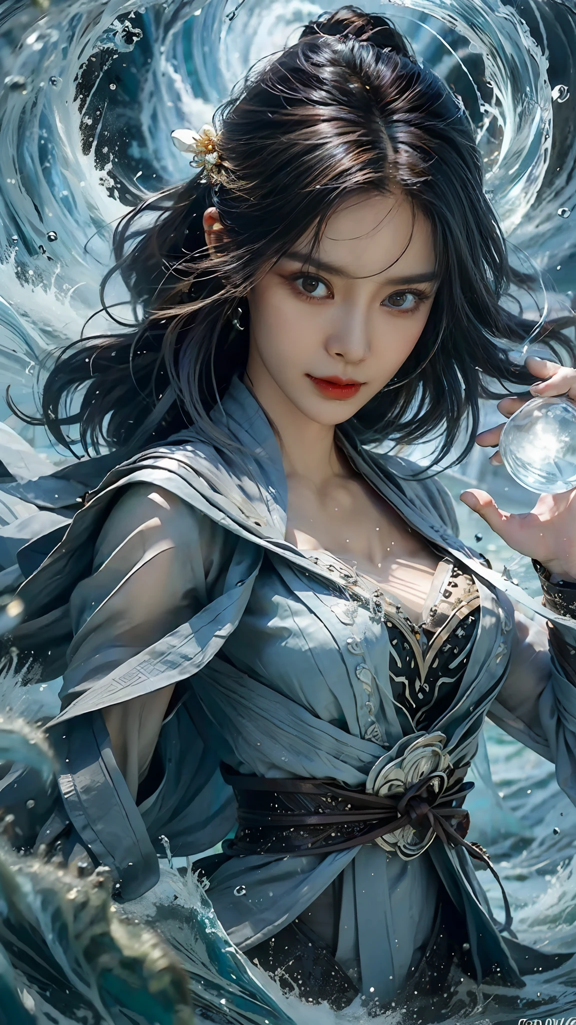 Blockbuster movies，((Ancient female general)),Detailed details，Detailed facial expressions，Detailed hands（（best qualtiy））， （（tmasterpiece））， （A detailed）， （Realistis）， （offcial art）， （Very detailed CG unity 8K wallpaper）， （Water magic：1.2）， （Mobile firepower：1.1）， （element control：1.2）， （graceful movements：1.1）， （Aquatic beauty：1.2）， （Mysterious powers：1.2）， （Serene expression：1.1）， （Flowing tides：1.2）， （Sparkling water droplets：1.2）， （magic aura：1.1）， （magic incantation：1.2）， （Ripple waves：1.2）， （Brilliant flame formation：1.1）， （Emerges from a whirlpool of water：1.2）， （Resonate with nature：1.2），（commanding the elements：1.2），（translucent veils：1.1），（Wisdom and strength：1.2），（swirls of magic：1.2），（Glowing zigzag：1.1），（Harmony with the sea：1.2），（Mysterious origins：1.2），（harmonious balance：1.1），（The power of tranquility：1.2），（A fascinating spectacle：1.2），（Immerse yourself in liquid magic：1.1），（Embrace her destiny：1.2）真实感，超高分辨率