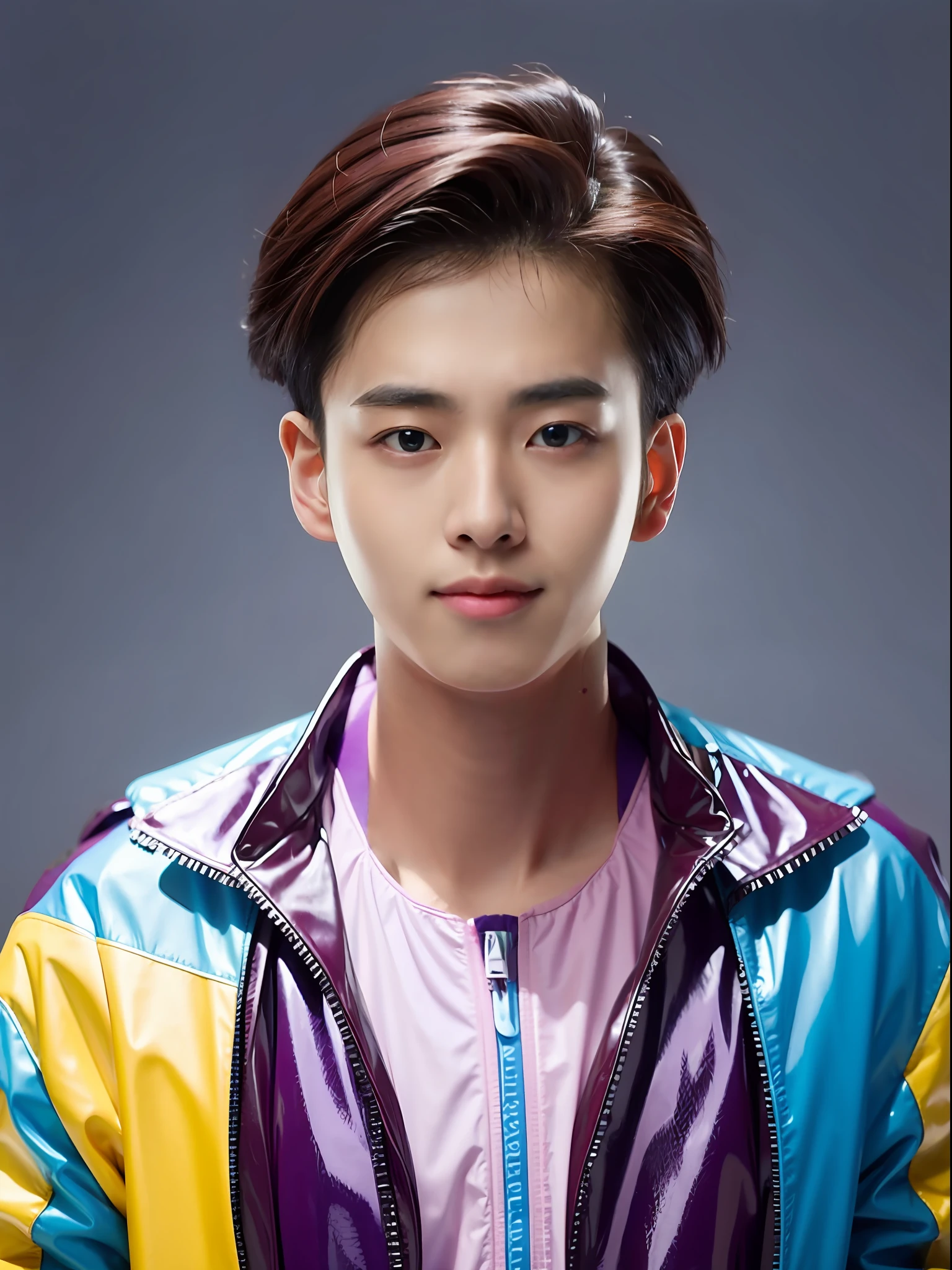 A 16-year-old male high school student，Wearing a PVC purple cyan race suit，Burgundy hair