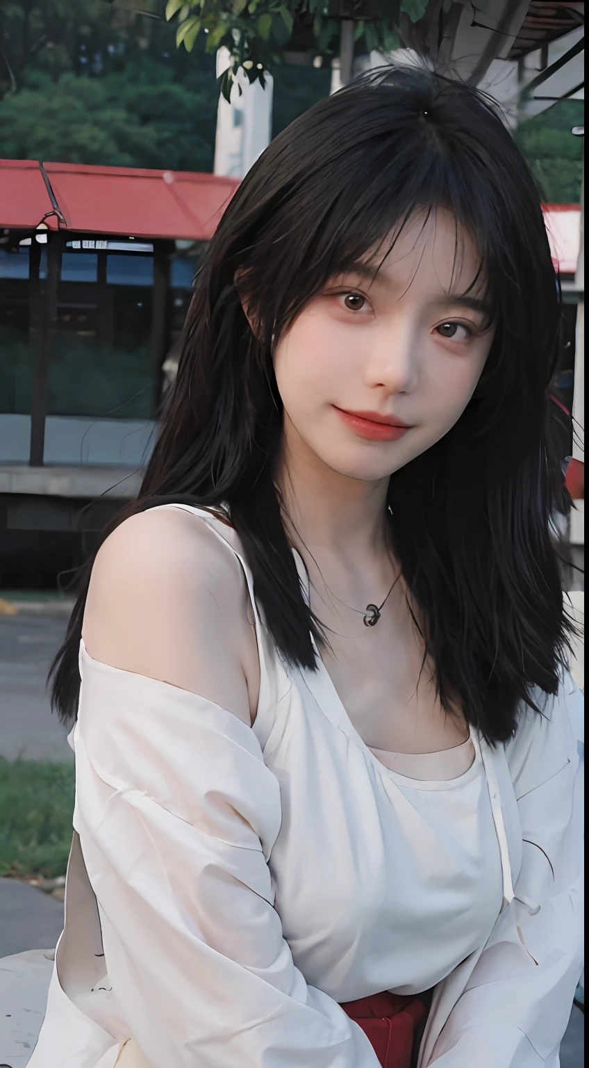 best qualtiy, 超高分辨率, (realisticlying:1.4), Baoyu Girl, Black long straight,A pair of clear and moving peach blossom eyes,Royal Sister,校服,sunshine on face,with long coiled hair,(School playground:1.4),(choker necklace:1.2),(Fair skin:1.9),(full bodyesbian:1.2)a sense of atmosphere,a beauty girl, ssmile,head straight-looking at viewer, closeup cleavage ,(Photorealistic:1.4),1girll,Sexy,(Upper body:1.4),(Wet body),(:1.2)