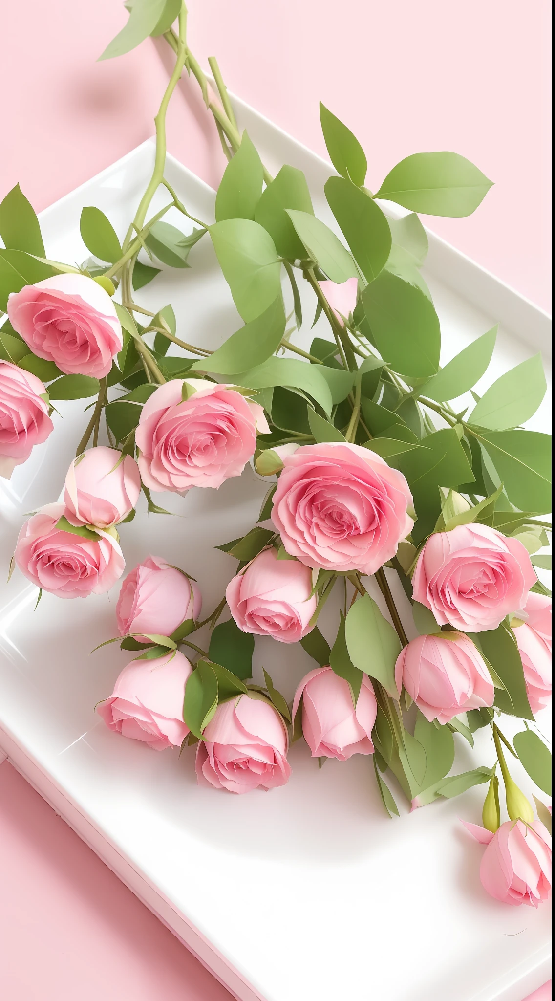 On a white plate is a bouquet of pink roses, rosette, pink rosa, rosses, pastel roses, Rozen Maiden, natural point rose', a few roses, light pink tonalities, Pink flowers, beautifully, rose twining, 🎀 🧟 🍓 🧚, Pink rose, rose in hand, beautiful aesthetic, author:Emma Andievska, Incredibly beautiful