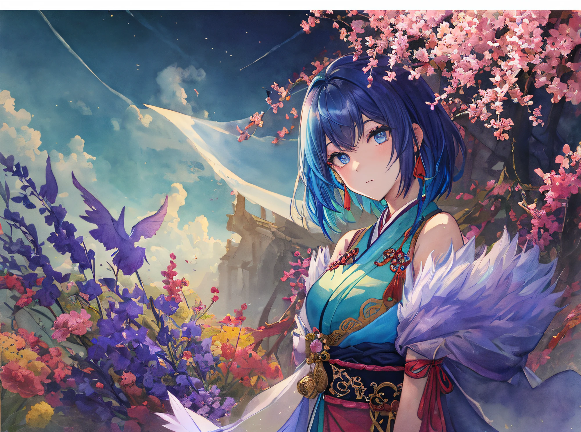 hyper detailed illustration ,superfine illustration, ((((​masterpiece)))), High quality, very_high_resolution, Large_filesize, fulcolor ,Very cute and beautiful girl,Very cute and beautiful anime face and eyes, Very delicate eyes,eye shadow,Female, 年轻,20 years old, One side up、Solo, 1 girl, Transparent skin ,full bodyesbian, short-cut、multicolored hair(Blue-haired　Light purple)、Pink mesh、Embarrassed expression, poor、sleeveless, arms behind back, watercolor paiting、Beautiful background、夏天、Mare、Skysky