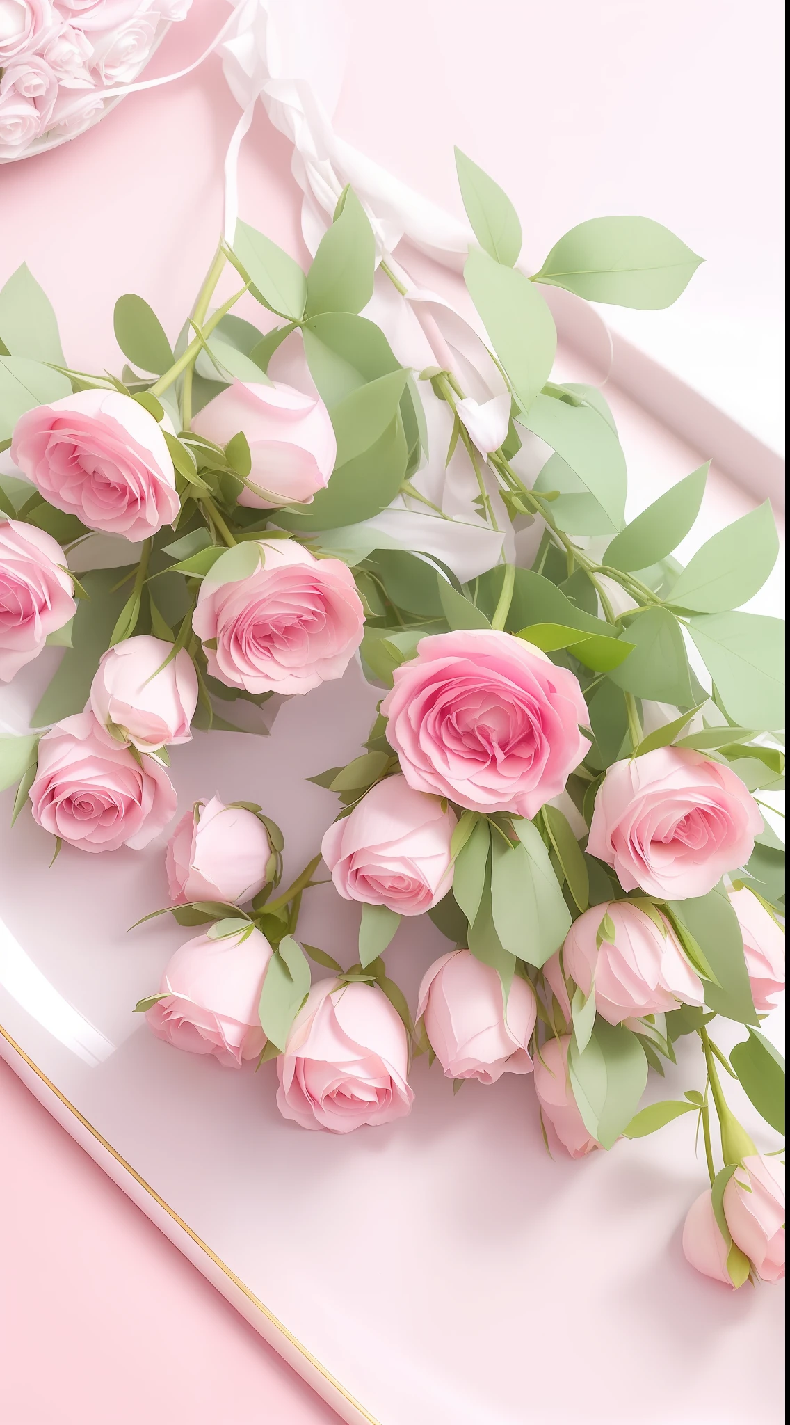 On a white plate is a bouquet of pink roses, rosette, pink rosa, rosses, pastel roses, Rozen Maiden, natural point rose', a few roses, light pink tonalities, Pink flowers, beautifully, rose twining, 🎀 🧟 🍓 🧚, Pink rose, rose in hand, beautiful aesthetic, author:Emma Andievska, Incredibly beautiful