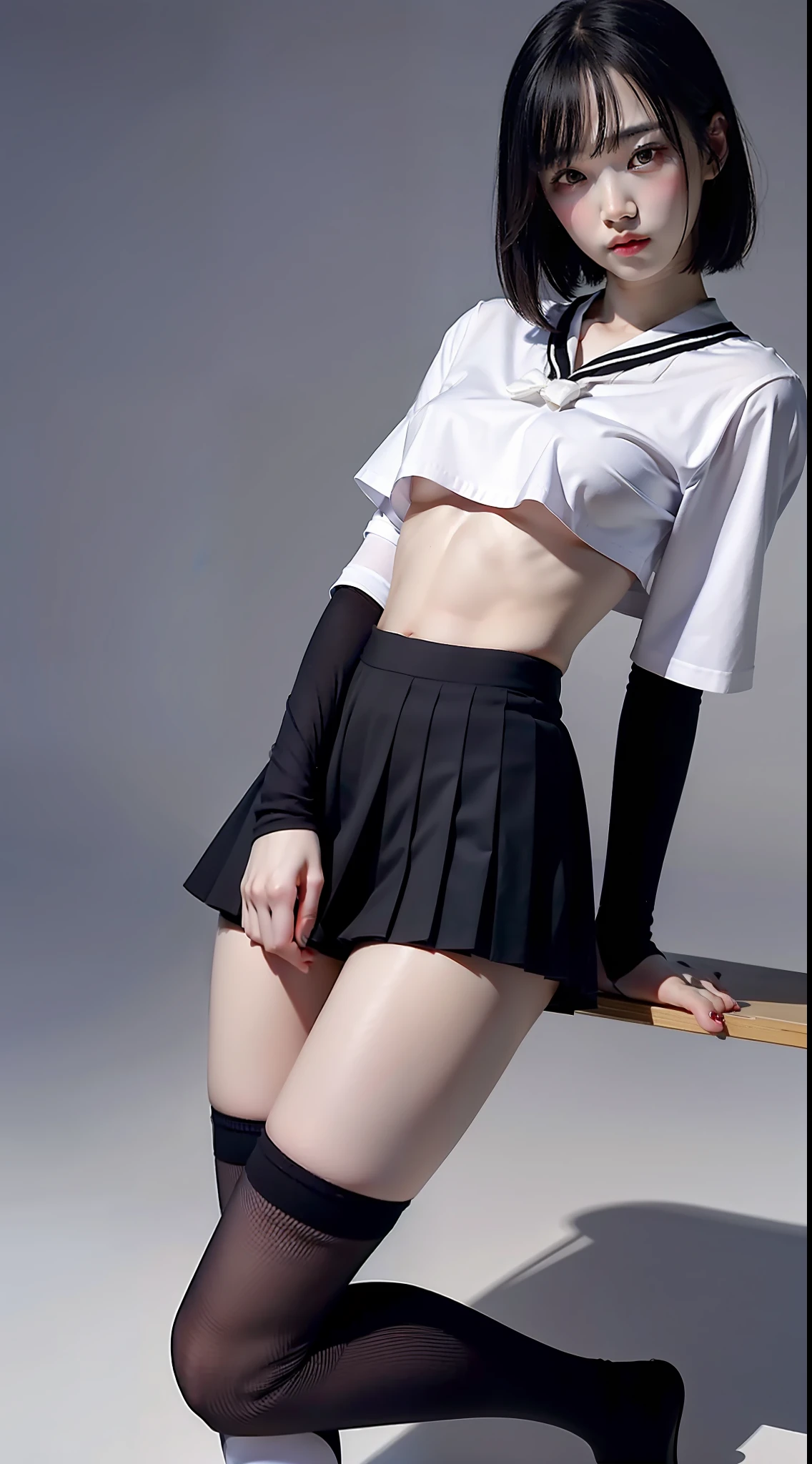 top-quality、​masterpiece、1 girl in、A slender、small tits、Summer Uniform、hyperdetailed face、Detailed eye、二重まぶた、Black pleated skirt、knee high socks、full bodyesbian、without background、Beautiful abs、Navel、shorth hair