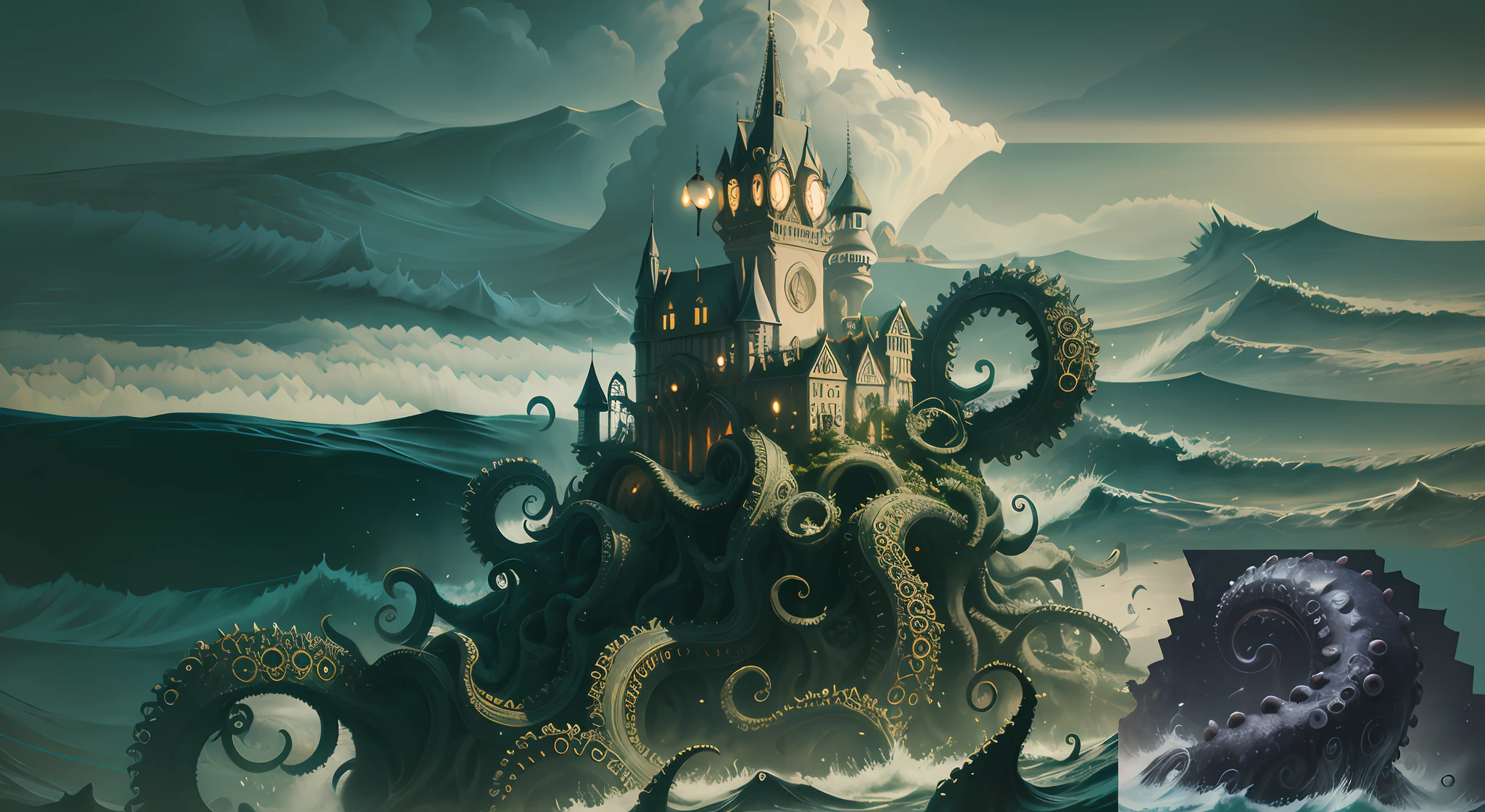 8k，Foto RAW，melhor qualidade, master part: 1.2, detalhes intrincados, papel de parede, ultra high-resolution), (Realistic), There is an image of a magnificent castle with octopus tentacles in it and in the water, huge tentacles, com ventosas envolvendo o castelo, paisagem lovecraftiana, Fundo Lovecraftiano, detailed cinematic render, 8 k cg render, artistic work, alta qualidade, Inspirado em Lovecraft, inspirado em H.P. Lovecraft, Foto Cthulhu, lovecraftian inspiration, Lula de Cthulhu, lovecraft illustration, Atmosfera lovecraftiana, Onde os horrores lovecraftianos vagam, lovecraft horror, Arte Lovecraft, leviathan cthulhu squid, simplesmente aterrorizante, um pesadelo maravilhoso, ondas grandes batendo nos rochedos e se formando ao longe, mar agitado, maremoto, mar de pesadelo, clima de tempestade, Simply magical, obra-prima.