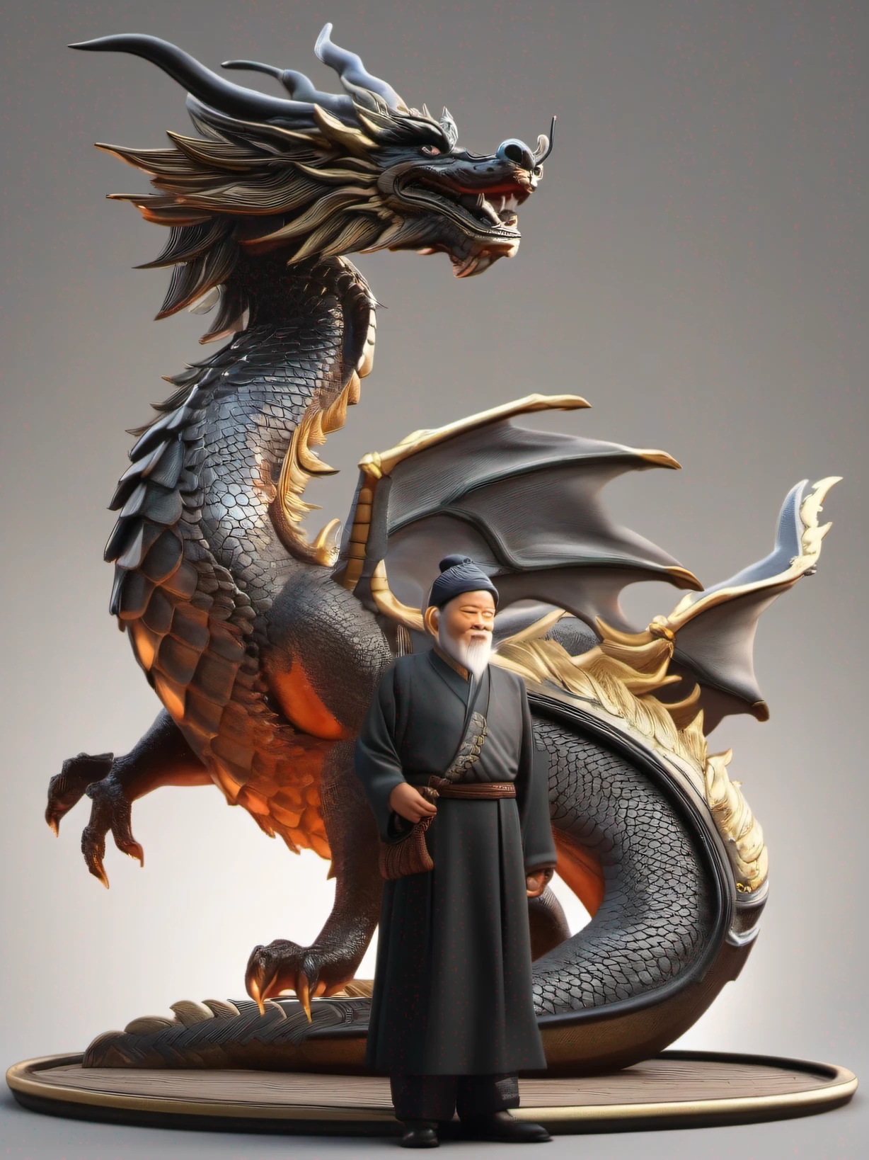 An old man stands next to a dragon, Chinese, Dragon in the background, chinesedragon，drak
