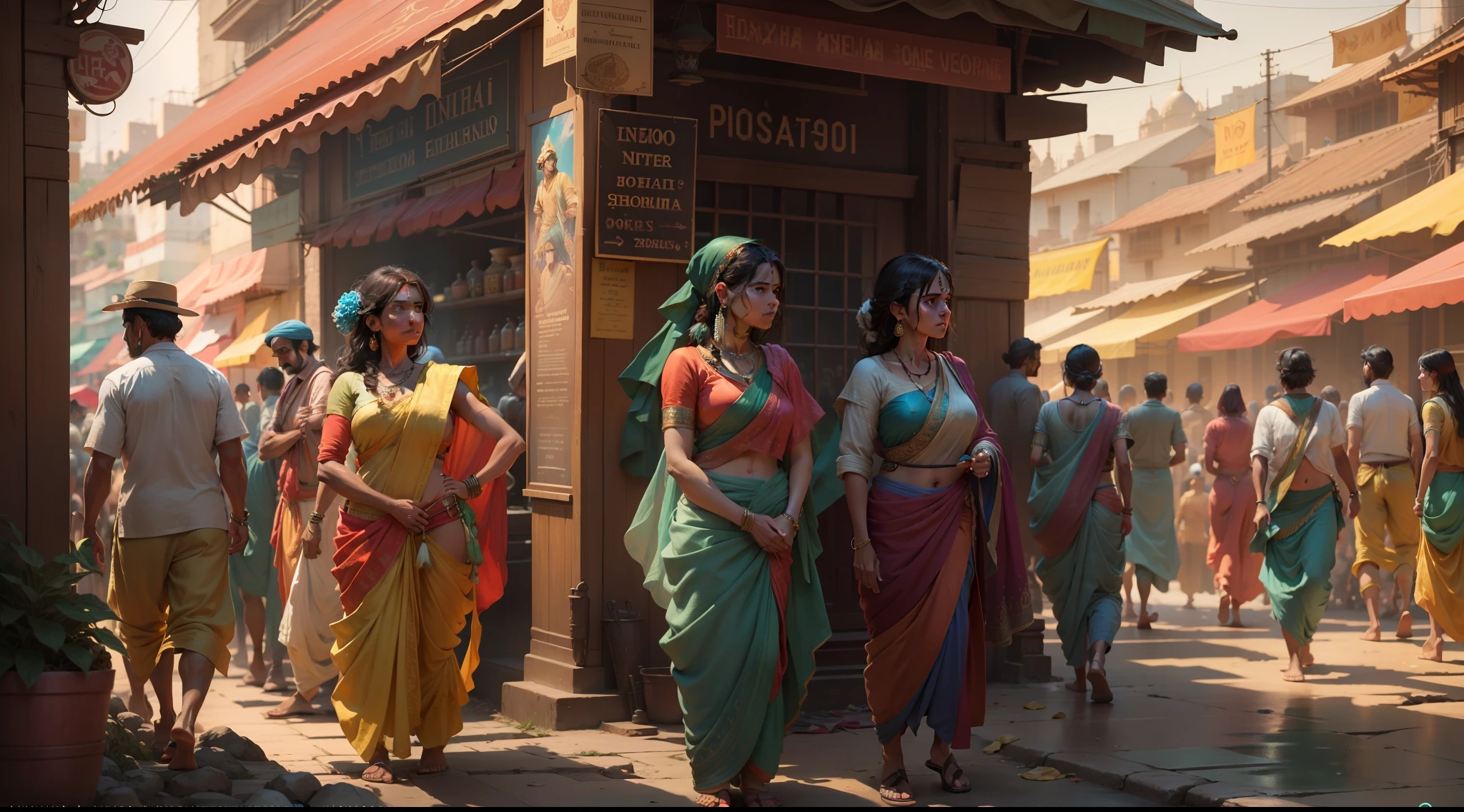 An Indian city in the 1900s, mercados de especiarias coloridos, ruas principais, greg rutkowski, makoto shinkai e lois van baarle, ilya kuvshinov, rossdraws, tom bagshaw, alphonse mucha, global ilumination, ambiente detalhado e intrincado, , mulheres usando sarees, homens usando dhoti, {fundo escuro}, cores ricas hiper realista textura realista {lighting dramatic} Unreal engine trend on Artstation Cinestill 800, 8k