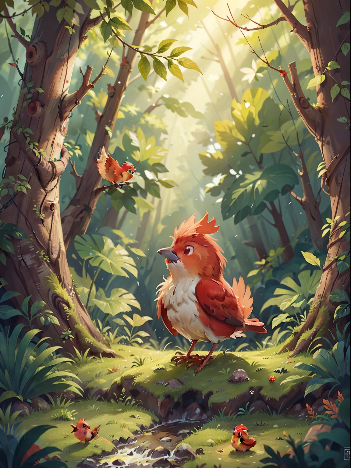 In the woods,A little red bird is singing