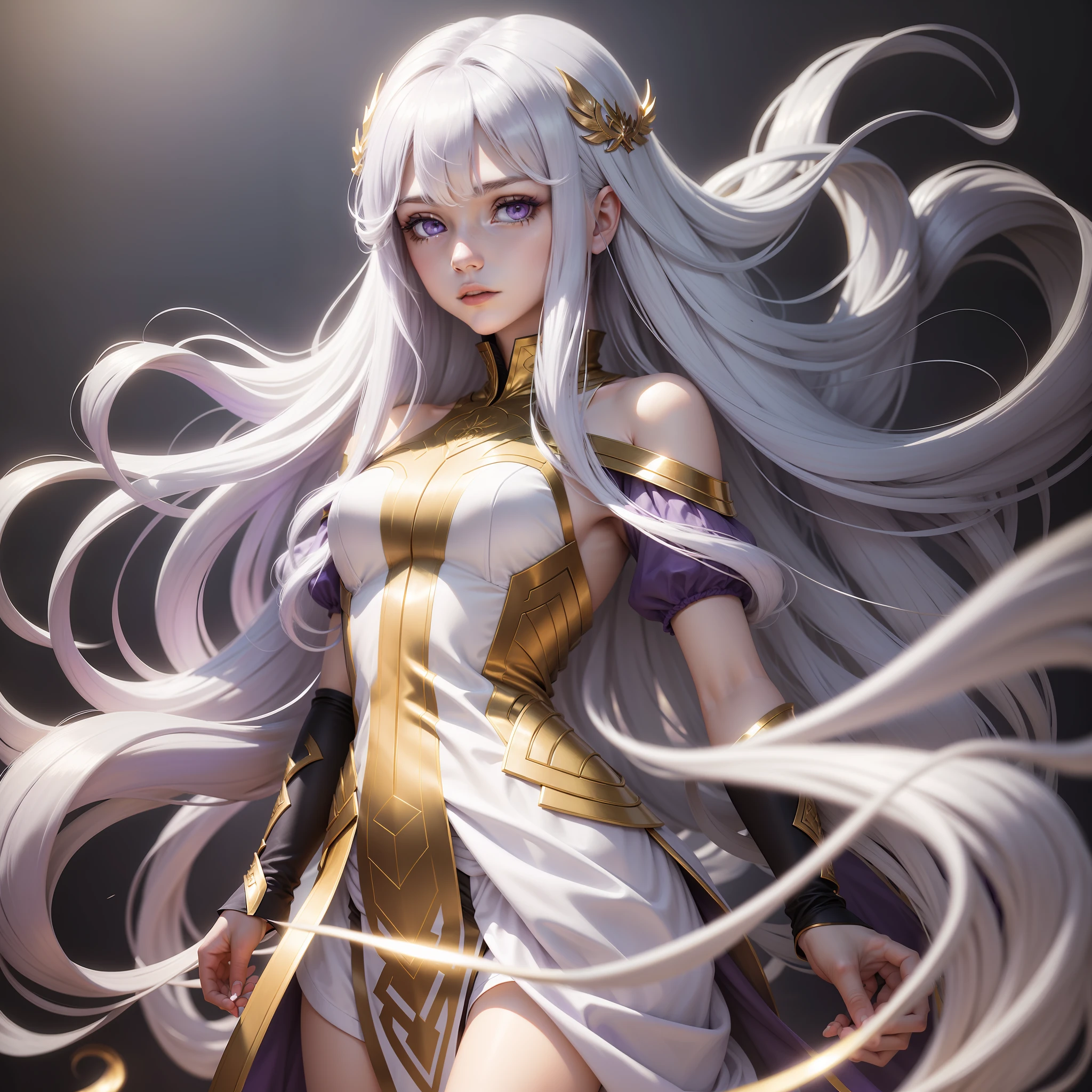 silber hair，long whitr hair，Purple eye，white skinned，Floating，Overlooking，Gold and silver clothes