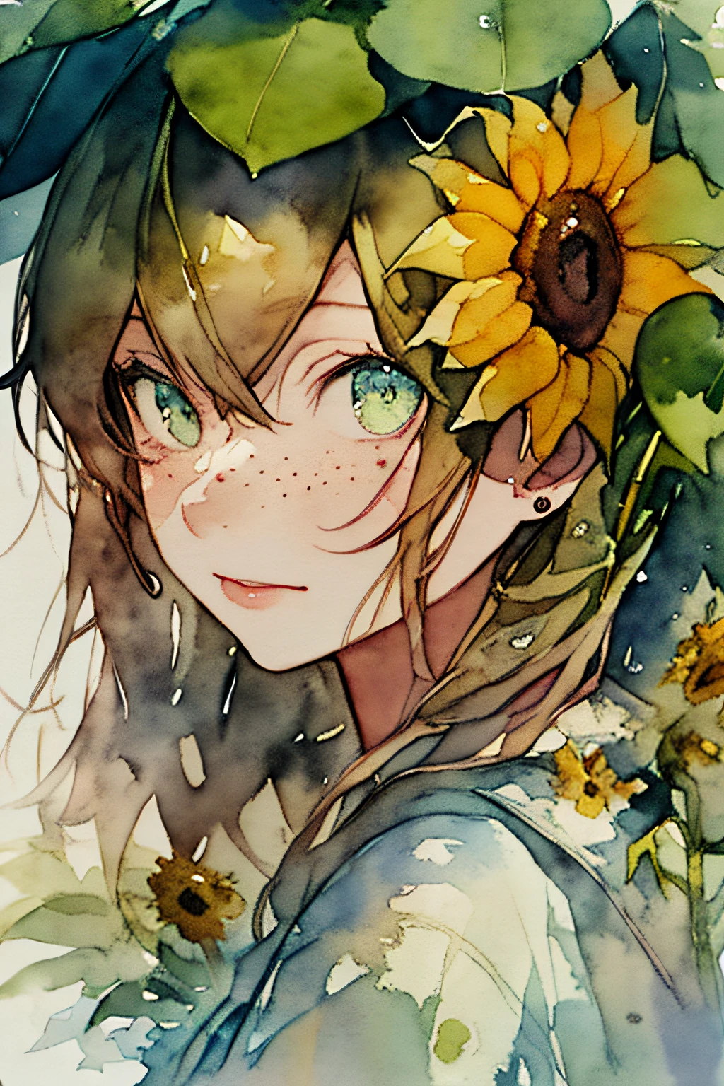 (watercolor:1.2),1girl, solo, flower, sunflower,freckles, portrait, leaf, bangs, signature, yellow flower, brown hair, long hair, green eyes, hair between eyes, flower earrings