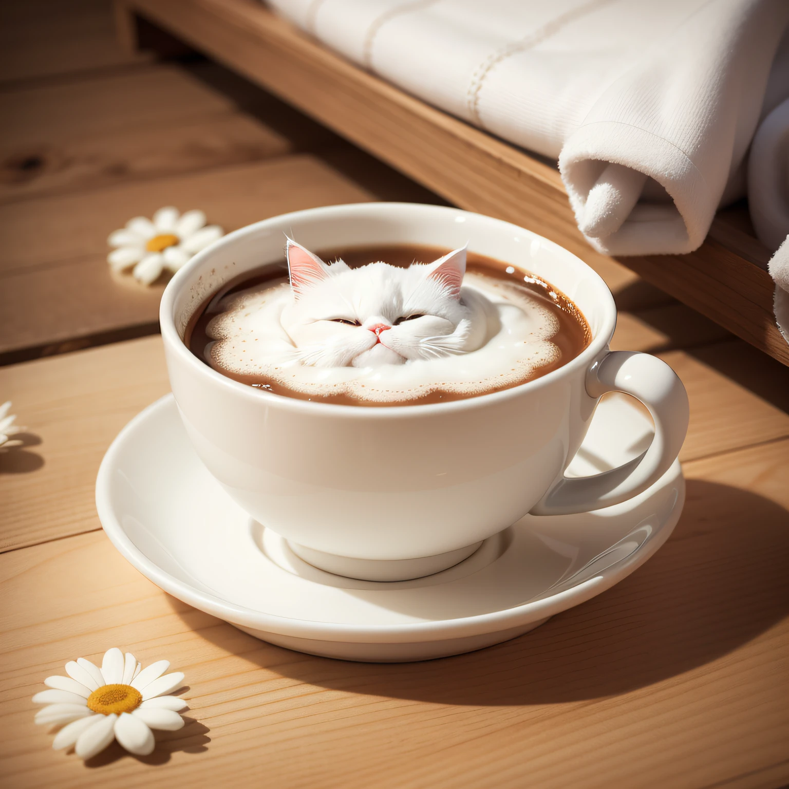 A white furry puppet cat lying on a wooden table,There are small daisy tablecloths on the table,There is a white cup next to the cat,The cup has a simplified cat pattern,The cup contains steaming coffee