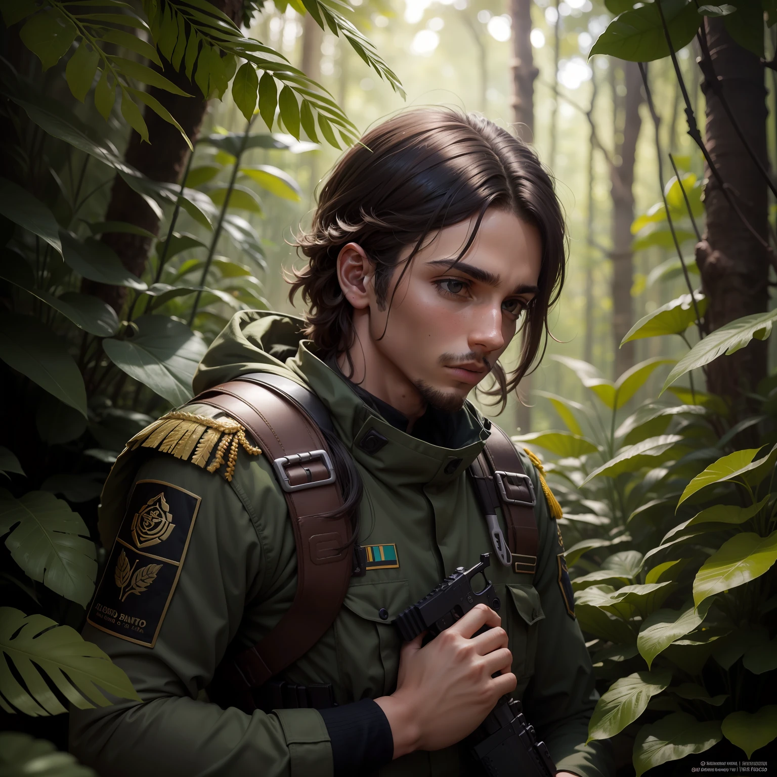 Um soldado ferido, dentro da floresta, socorrido por um companheiro, imagem ultrarealista, 8k