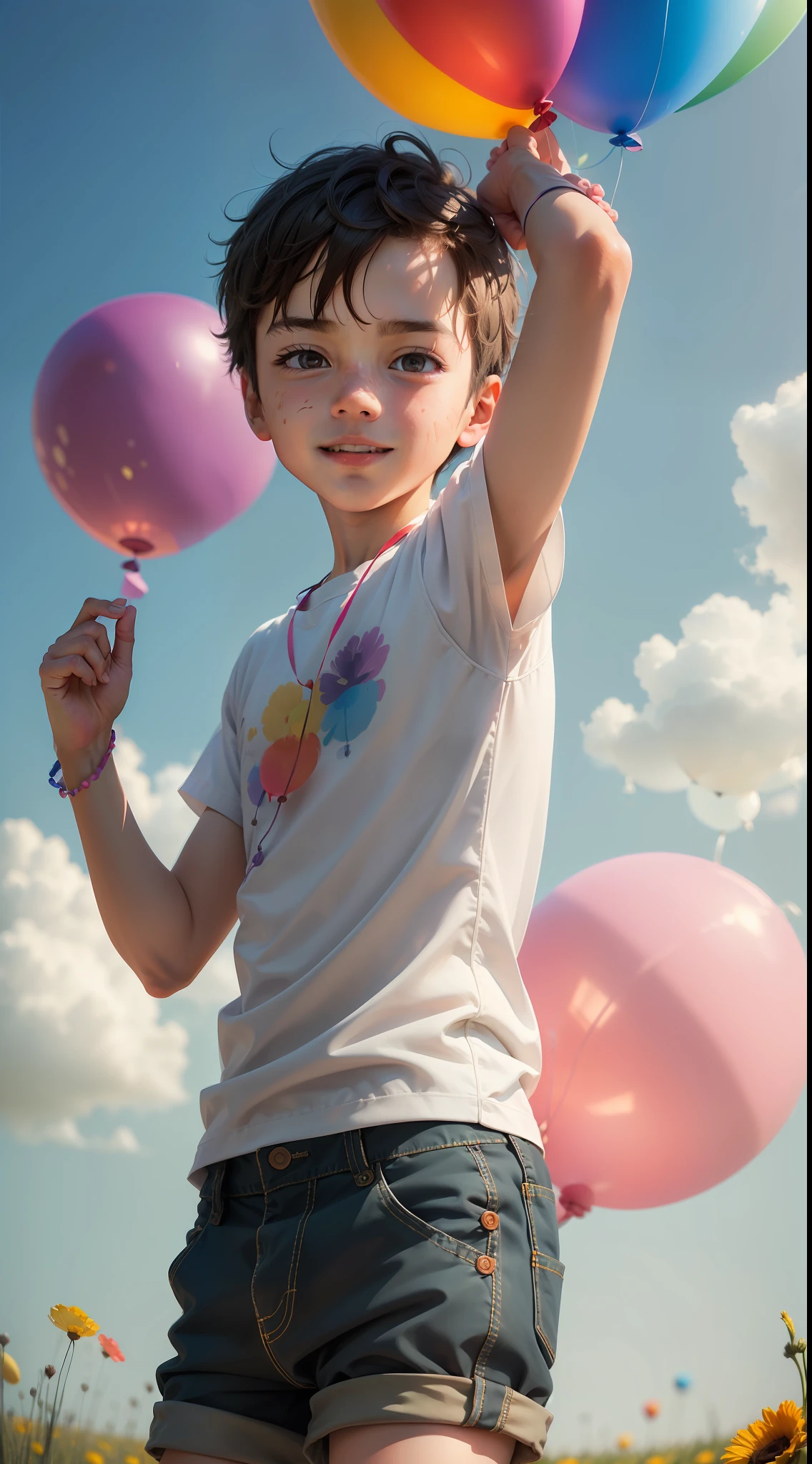 A boy holding baloon, colorful balloons floating in the sky, short pants, meadow, dancing, holding flowers, happy, happy, perfect quality, clear focus (clutter-home: 0.8), (masterpiece: 1.2) (Realistic: 1.2) (Bokeh) (Best quality) (Detailed skin: 1.3) (Intricate details) (8K) (Detail Eyes) (Sharp Focus), (Happy)