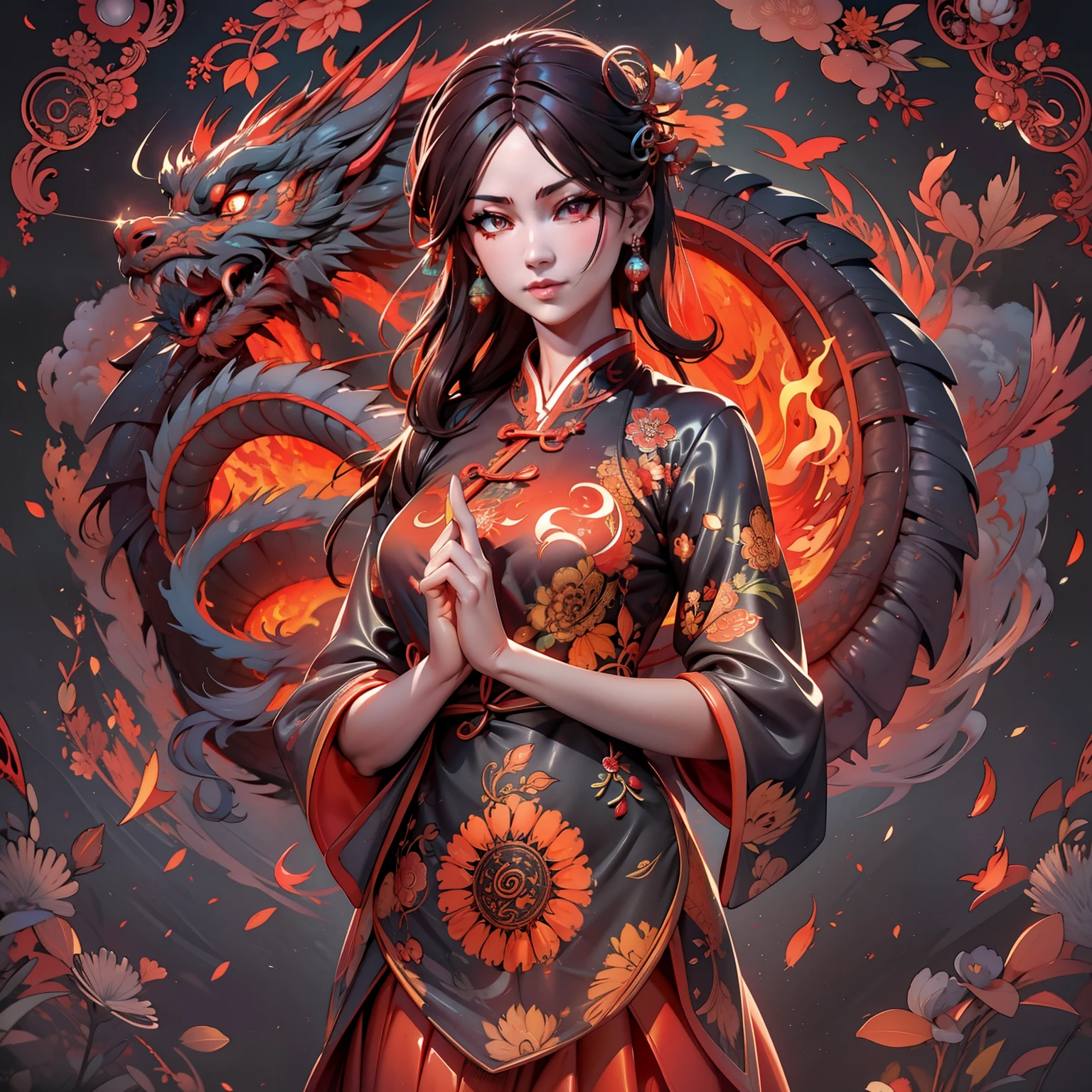 dark grey background，Mandala，A Chinese dragon surrounds the picture，Flame auspicious cloud pattern background，Chinese Beauty，Close-up of the middle view，brunette color hair，Bright flames dance at your fingertips，The clothes are mainly red，The light from the back window is backlighted，awardwinning，8K，Super detailed manga style，Flashy clothes，Complicated details，real looking skin，orange glowing Detailed eyes，