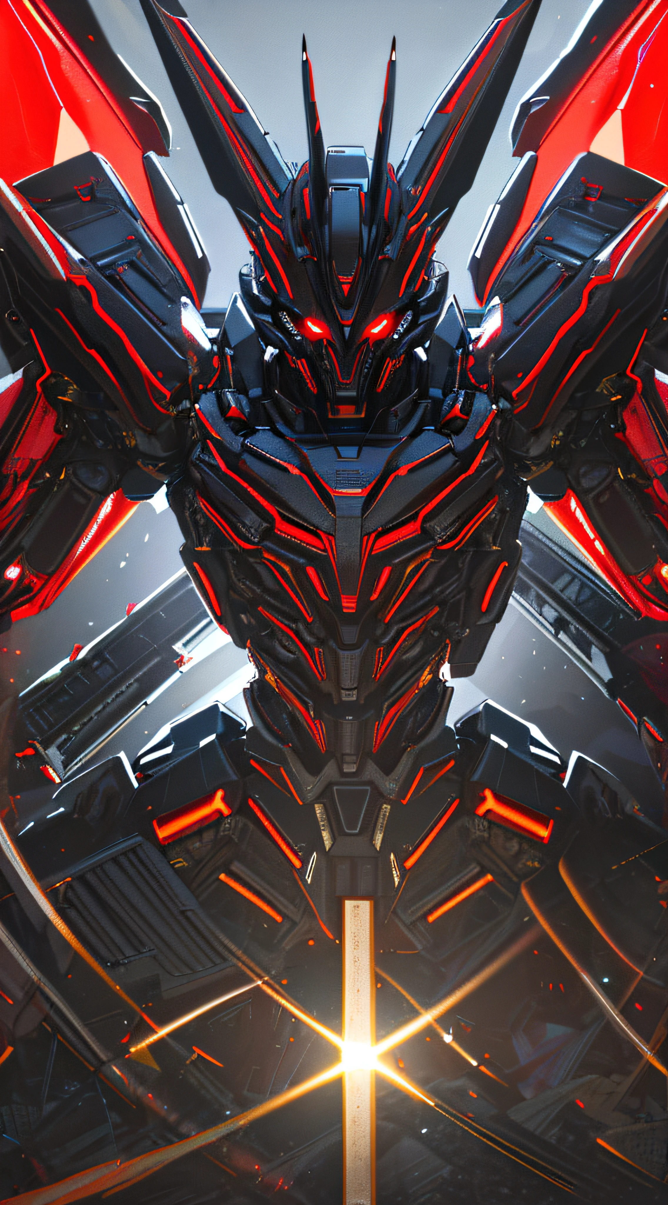 a robot,red eyes,black theme,city,glowing eyes,solo, lord,at night,
best quality, highly detailed, ultra-detailed, masterpiece, 8k wallpaper, bad anatomy, highres, super fine illustration, game cg, (blacklight:1), command spell,,mechanical parts, robot joints, headgear,full armor, mecha,mask