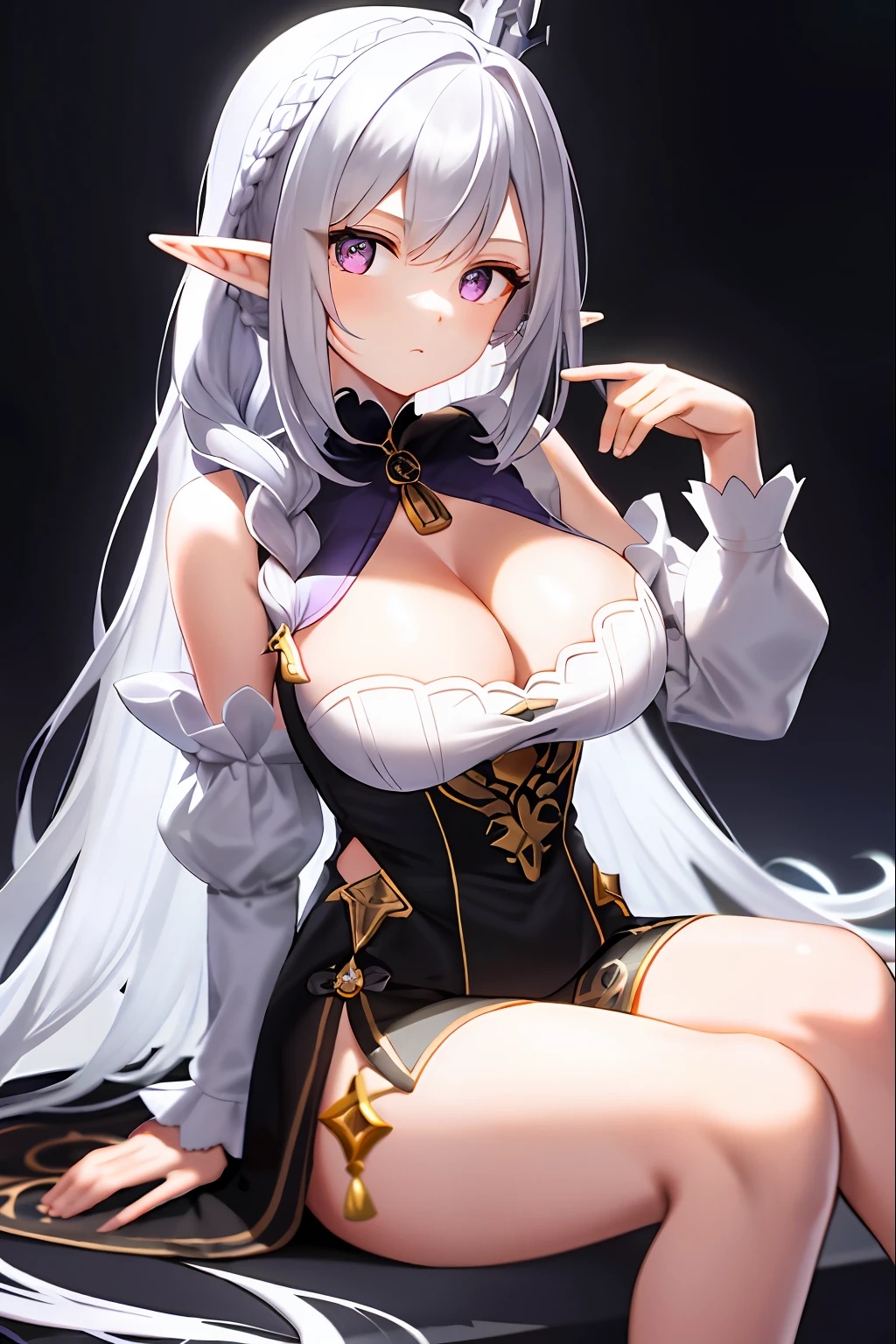 best qualtiy,highly detailed,tmasterpiece,ultra - detailed,(Realistis:1.2),1girll,(white backgrounid),simplebackground,Elaborate Eyes,Silver hair,a purple eye,hair_ornament,(white offshoulder shirt:1.3),long whitr hair,pointy_ears,crown_braid,face expressionless,hair straight,(++Sat down:1.2),big cleavage breasts,Genshin Walnut