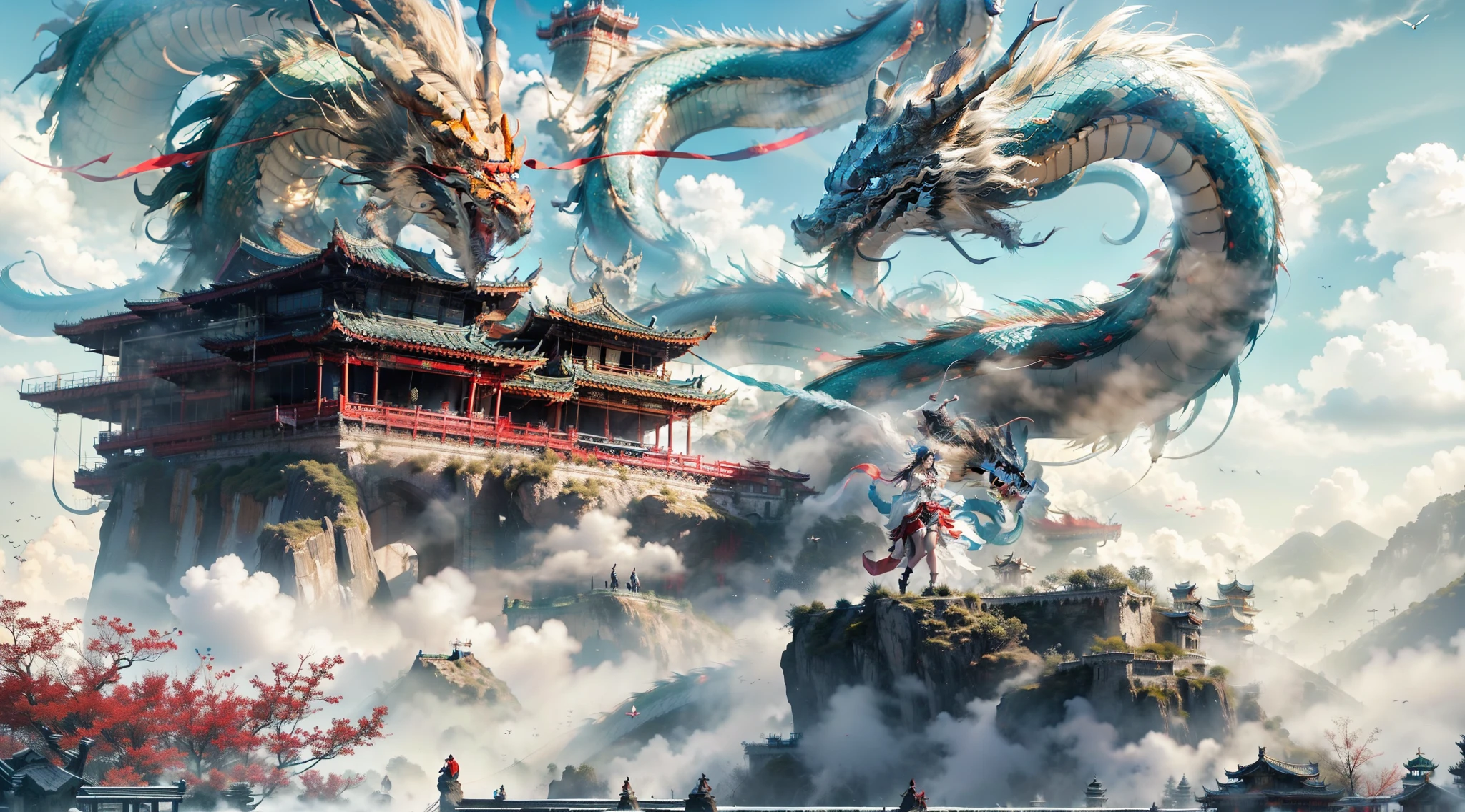 In the distance, A Chinese dragon soars over a building high on a mountain，Close-up of faucet details，A girl dancing with a sword in a long-sleeved gauze，A wonderland building suspended in the air，acurate，high qulity，best qualtiy，ultra - detailed