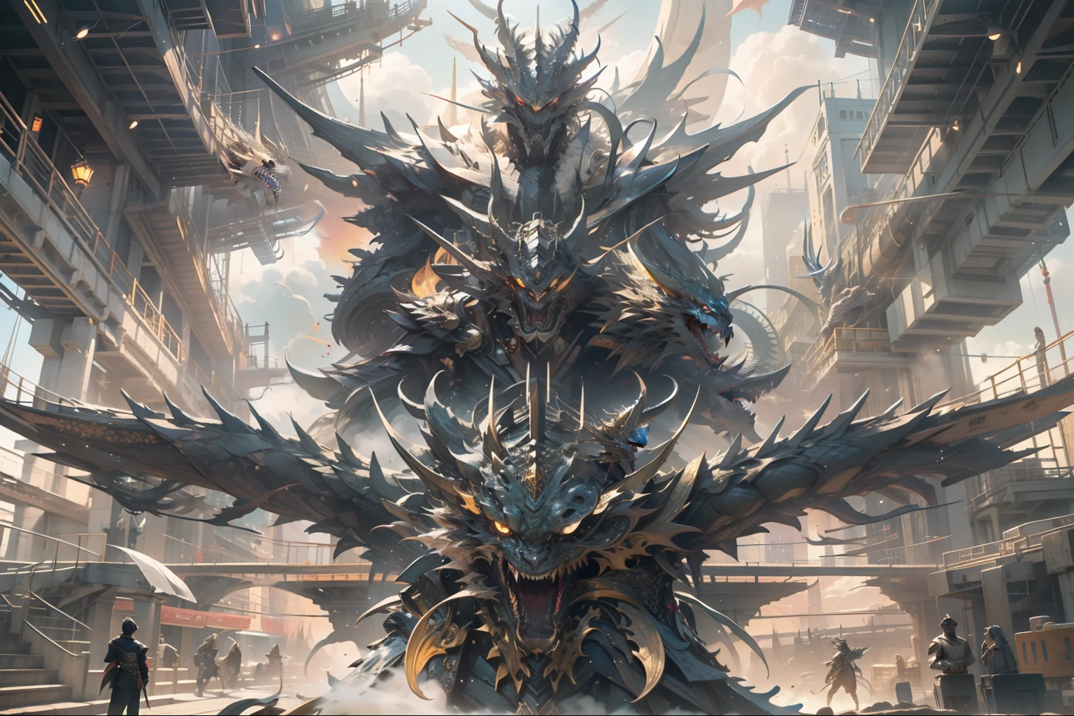 ((best qualtiy)), ((tmasterpiece)), (A detailed),A man stands on the head of a dragon,Holding An Sword,Side face photo of a dragon flying in the air,Close-up of the dragon's head,The whole body of the character,mechs,Realiy,high detal, mito,chinesedragon,Clouds,salama,surrounded by cloud,Frontal lighting,atomization,Smoke lamps,