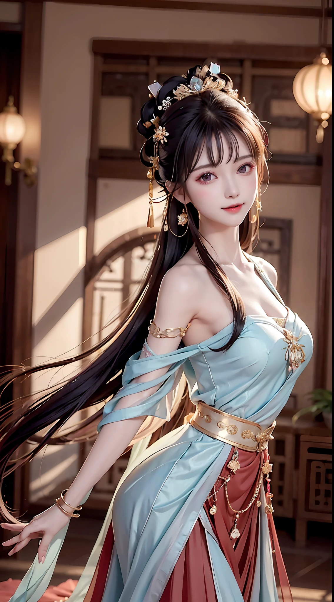 Bust photo,a beautiful female,messy hair,teens girl,Symmetrical bun,hair adornments,jewelry,The face is delicate,eye shadows,Purple top,purpleish color,purple,Crop topping,long purple skirt,Dunhuang style,Delicate embroidery,silver decoration,silver streamer,white streamer,Light blue streamer,Fine fine skin,Soft light effects,Delicate and smooth hair,exquisite detailing,Eye highlights,Fair skin,Fine portrayal,Ultimate detail,Cinematic quality,being thin,slenderness,Fragmentation,hair detail,Thin bangs,Shawl hair,Correct bodies,shadowing,Air bangs,8K,Super meticulous,Fine fabric texture,softness,complaisant,Smooth texture,Dunhuang style,Delicate pattern,Correct hand drawing,anatomy correct,acurate,the night,Night,lamplight,dingdall effect,Ray traching,HUD,high detal,8K分辨率,超高分辨率,The best picture quality beautiful girl,Peerless beauty,extremely beautiful((Bamboo shoot-shaped chest)),(Chinese style ancient style black flowing hair with exquisite buns),(Long flowing hair,With bun 1.3)),Delicate collarbones,beautiful make up,Exquisite and perfect facial features,,Big watery eyes,Lying silkworm,Long eyelashes,The eyes are sweet and have eye shadow,Slim waist,,,(((With a sweet smile on your face:1.3))),lipsticks,Blushlush,Delicate earring earrings,closeup of face,bust,(Wearing a translucent leaky shoulder red tulle fairy dress with embroidery(With exquisite embroidery,With a shirt with large sleeves,Bare shoulders:1.3)),Fresh and natural,Tranquil and beautiful,,(Facing the viewer),extreme picture quality,Highest accuracy,Close-up,forward leaning,dynamic angle。a beautiful teen-aged girl,hugs,Red tulle Hanfu,ancient wind,No shoulders,Beautuful Women,long whitr hair,Cute beauty,Wide sleeves,highly detailed, illustration, cinematic lighting,Beautiful long Chinese hair,,,lipsticks,Blushlush,Delicate earring earrings,closeup of face,bust,(Wearing a high-necked translucent red tulle fairy dress with embroidery(With exquisite embroidery,With a shirt with large sleeves,Bare should