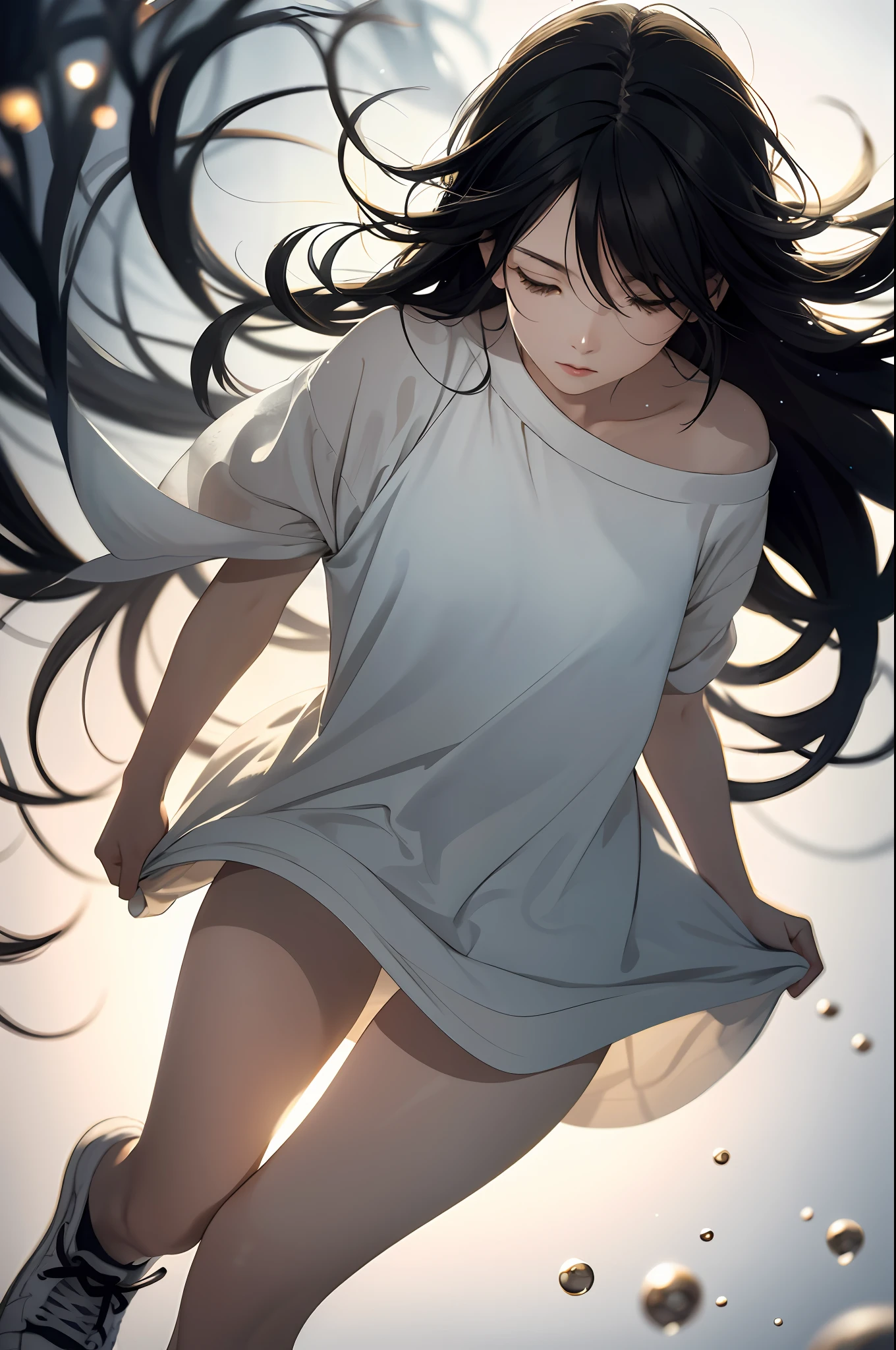 absurdres, highres, ultra detailed, (1 woman:1.3), black hair, long hair, simple background, sneakers, watercolor style, soft blending, fluid colors, dreamy washes, delicate textures, organic shapes, atmospheric depth, (bokeh photography:1.3), soft focus, out-of-focus highlights, dreamy ambiance, glowing circles, mesmerizing depth, tilt-shift photography, miniature effect, selective focus, blurred edges, small-scale illusion, playful perspective