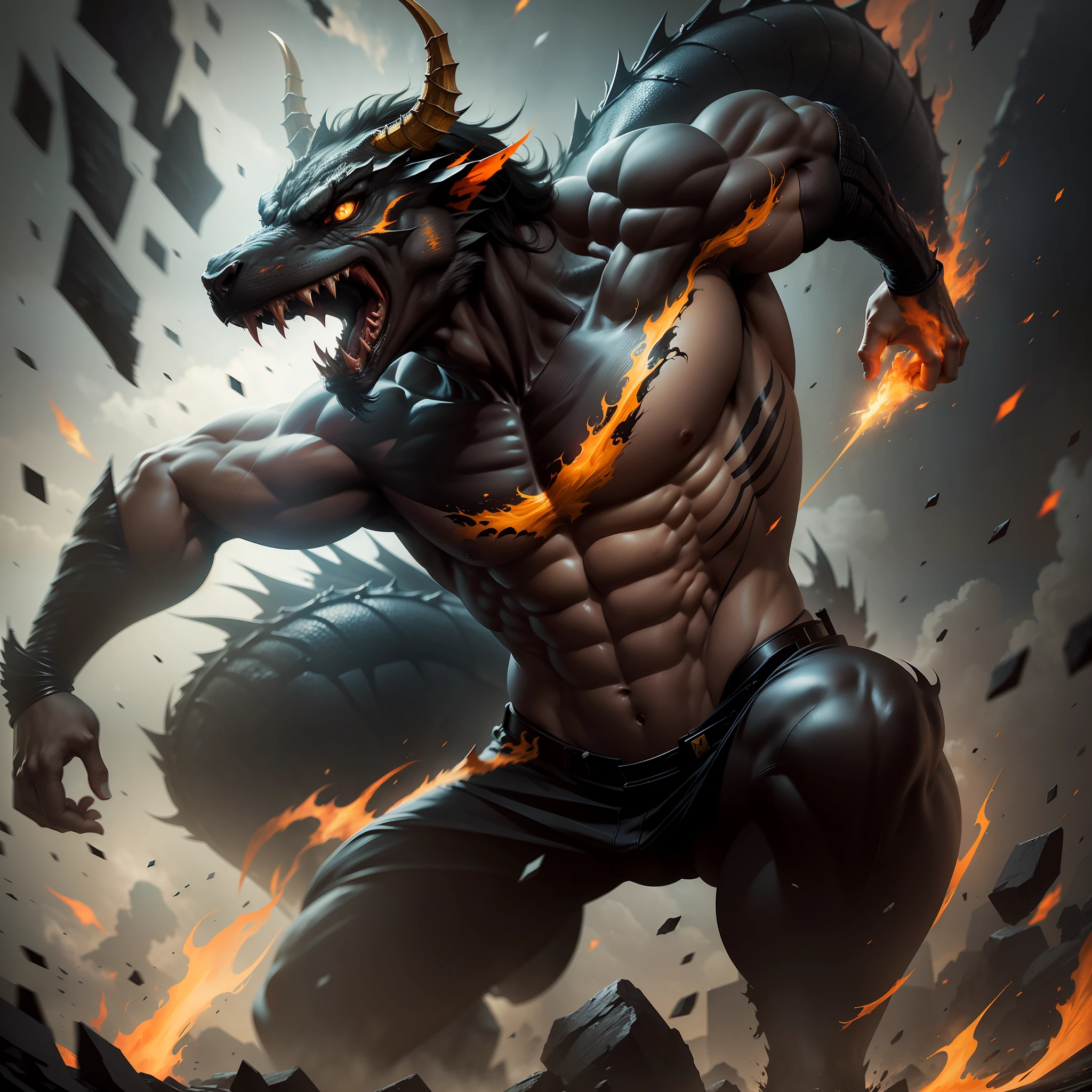 "The embodiment of Bruce Lee's fierce spirit captured in a stunning action painting, utilizing a captivating blend of photobashing and HDR techniques to create a dynamic visual spectacle featuring a striking dragon theme."