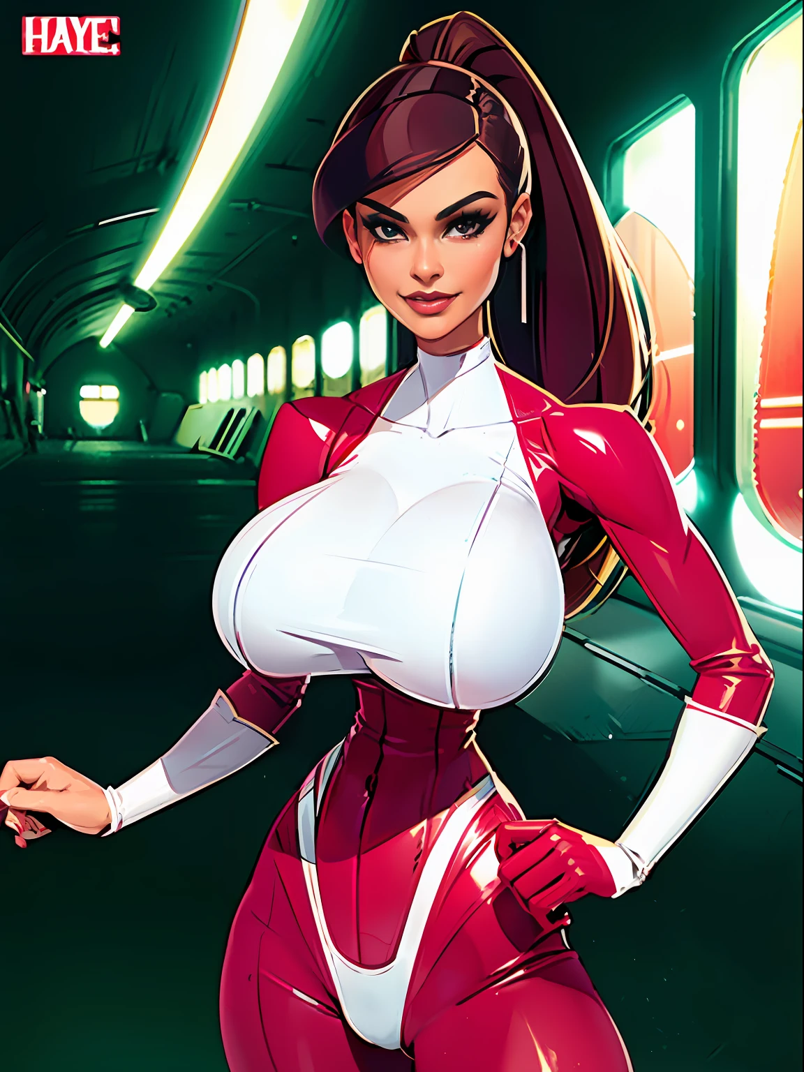 1girl, short busty petite brunette comic book woman, gorgeous face, masterpiece, beautiful, high quality, high definition, superb quality, highly detailed, insane detail, hands on hips, happy, smiling, sexy pose, hand on hip, long hair, huge ponytail, slim, thin, athletic, womanly, rubbery, elastic woman, (modest red spandex with white panels on sides, red and white morph suit, tight top), rubber body, brunette, (((cleavage window, large breasts, big boobs, slim waist, overflowing breasts, too big for her top))), city, soft lighting, natural lighting, natural color, heroic, cheerful, (bold nose, hawkish facial features),