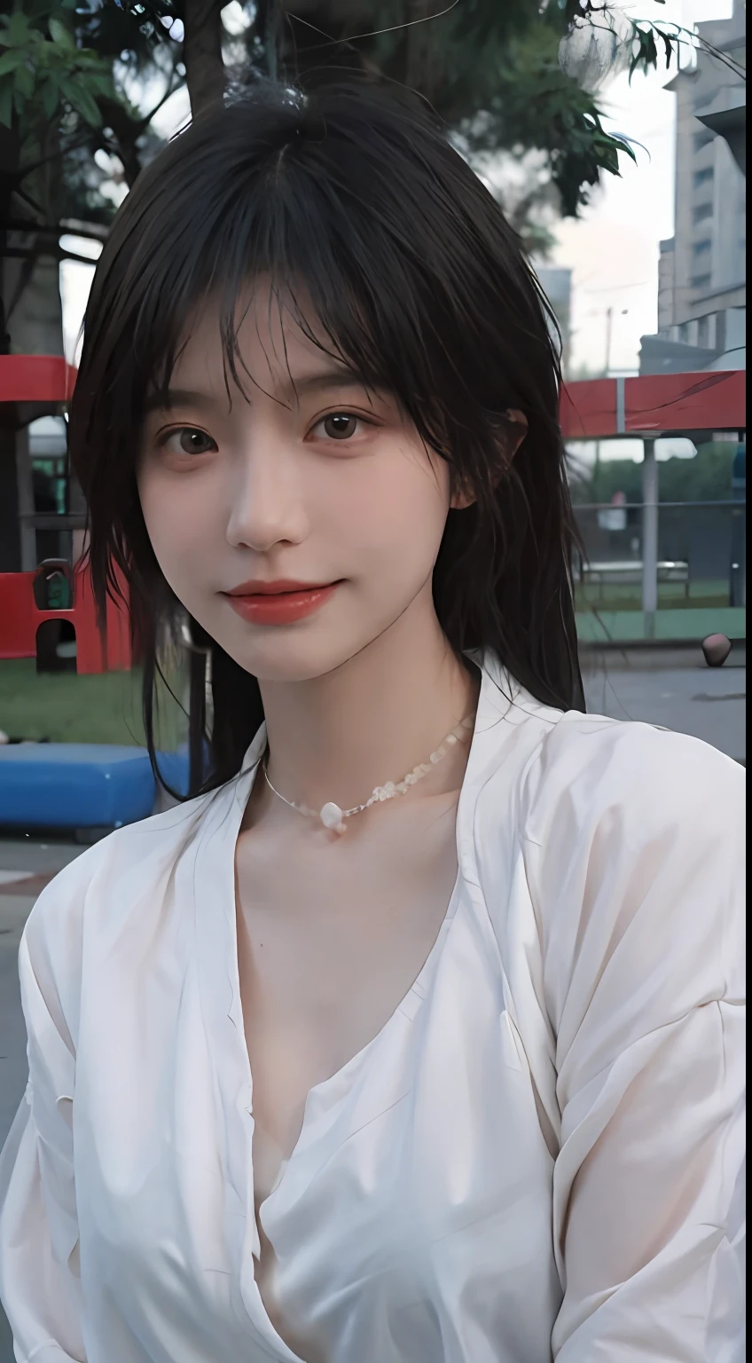 best qualtiy, 超高分辨率, (realisticlying:1.4), Baoyu Girl, Black long straight,A pair of clear and moving peach blossom eyes,Royal Sister,校服,sunshine on face,Scroll,(School playground:1.4),(choker necklace:1.2),(Fair skin:1.9),(full bodyesbian:1.2)a sense of atmosphere,a beauty girl, ssmile,head straight-looking at viewer, closeup cleavage ,(Photorealistic:1.4),1girll,Sexy,(Upper body:1.4),(Wet body),(:1.2)