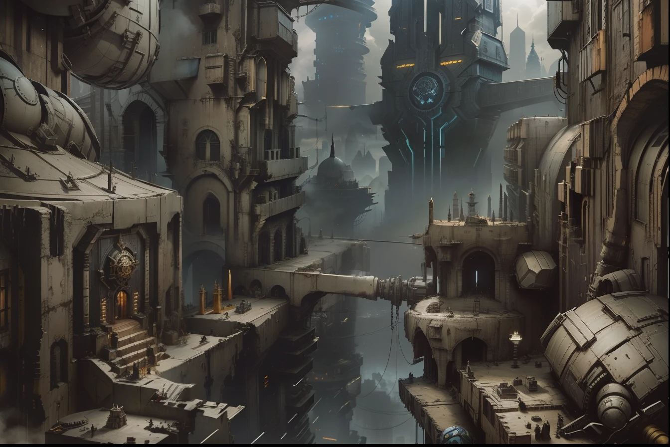 Uma cidade colmeia de Warhammer40k, it's round full of buildings that towered up to the sky on top of each other, like a pyramid,chaotic architecture, huge steel walls, com corredores infinitos, cor preta, ferro puro, com tubos grandes, Brutalista,