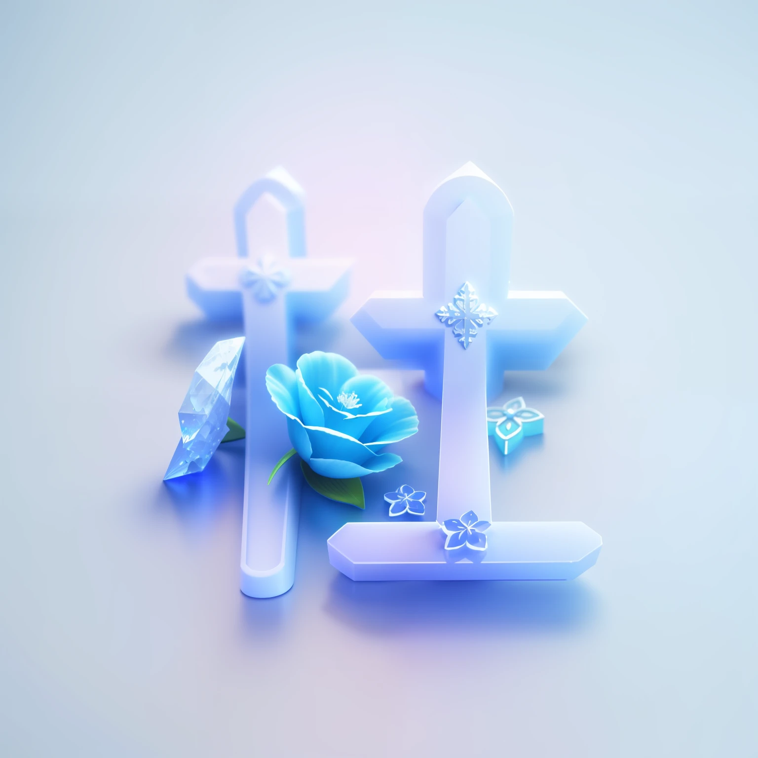 On the table are two plastic crosses and a flower, soft 3d render, 3d matte illustration, depicted as a 3 d render, blue realistic 3 d render, clean 3 d render, Smooth 3D illustration, smooth 3 d illustration, Middle metaverse, floating symbols and crystals, stylized 3 d graphics