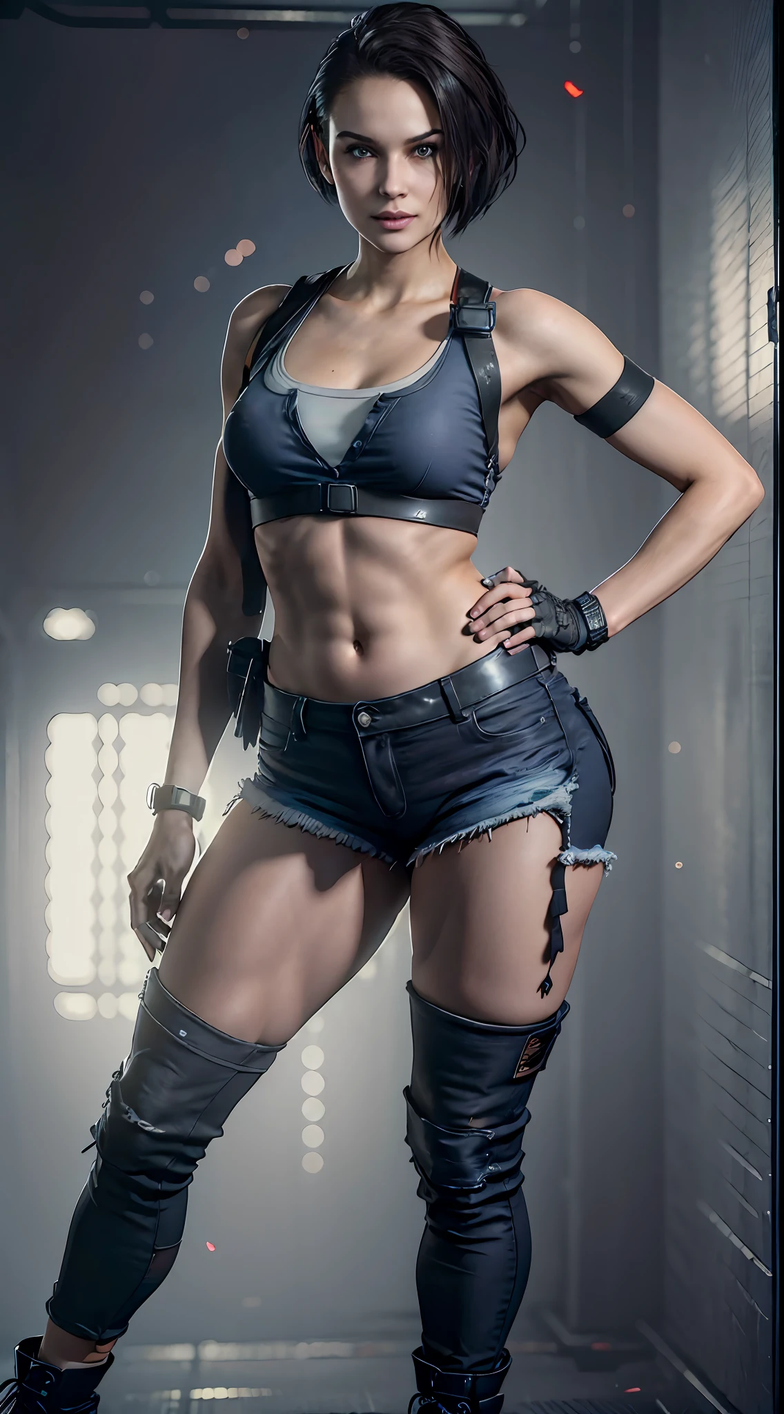 1girl, zotovalentine, sexy smile, sexy eyes  tank top, shoulder holster, athletic, (black jeans:1.2), (black boots), beautifull jill valentine, (ultra detailed), (8k, intricate), (85mm), full body, wide shot, (highly detailed:1.2), sfw, colorful, (detailed background), daylight, solo