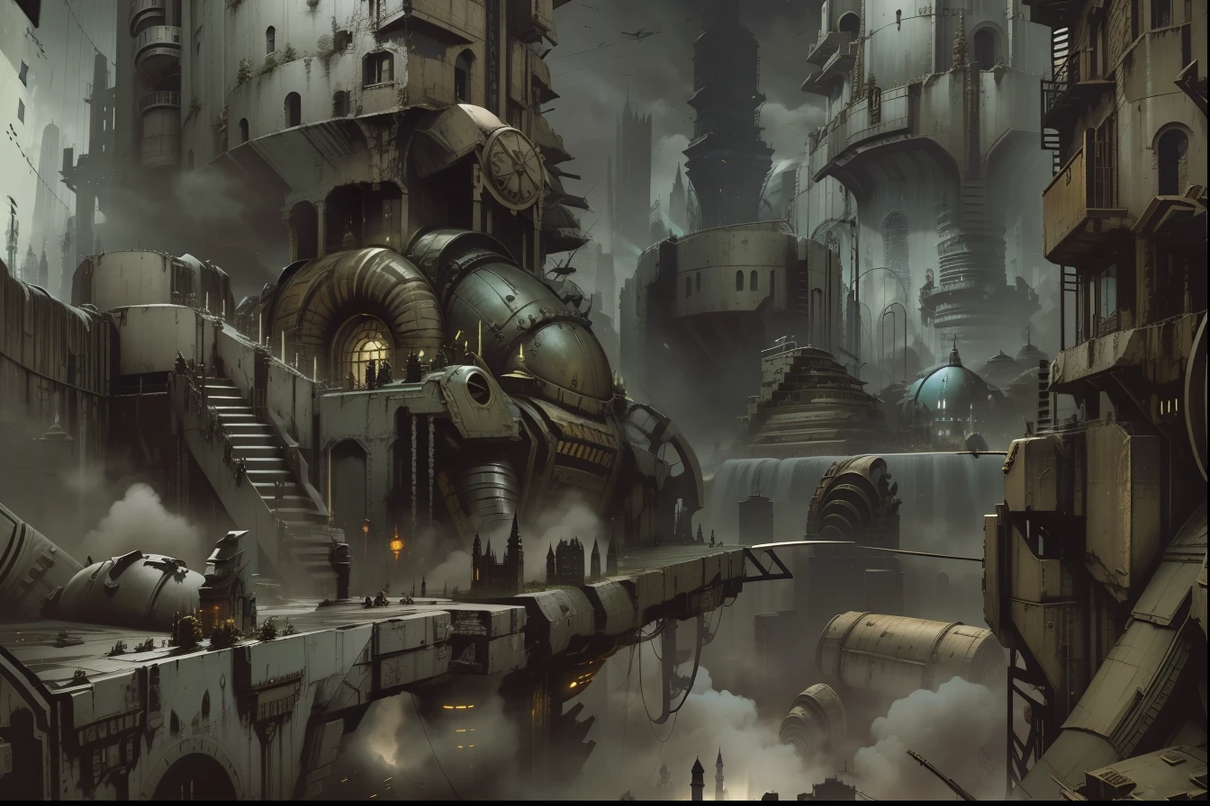 Uma cidade colmeia de Warhammer40k, it's round full of buildings that towered up to the sky on top of each other, like a pyramid,chaotic architecture, huge steel walls, com corredores infinitos, cor preta, ferro puro, com tubos grandes, Brutalista,