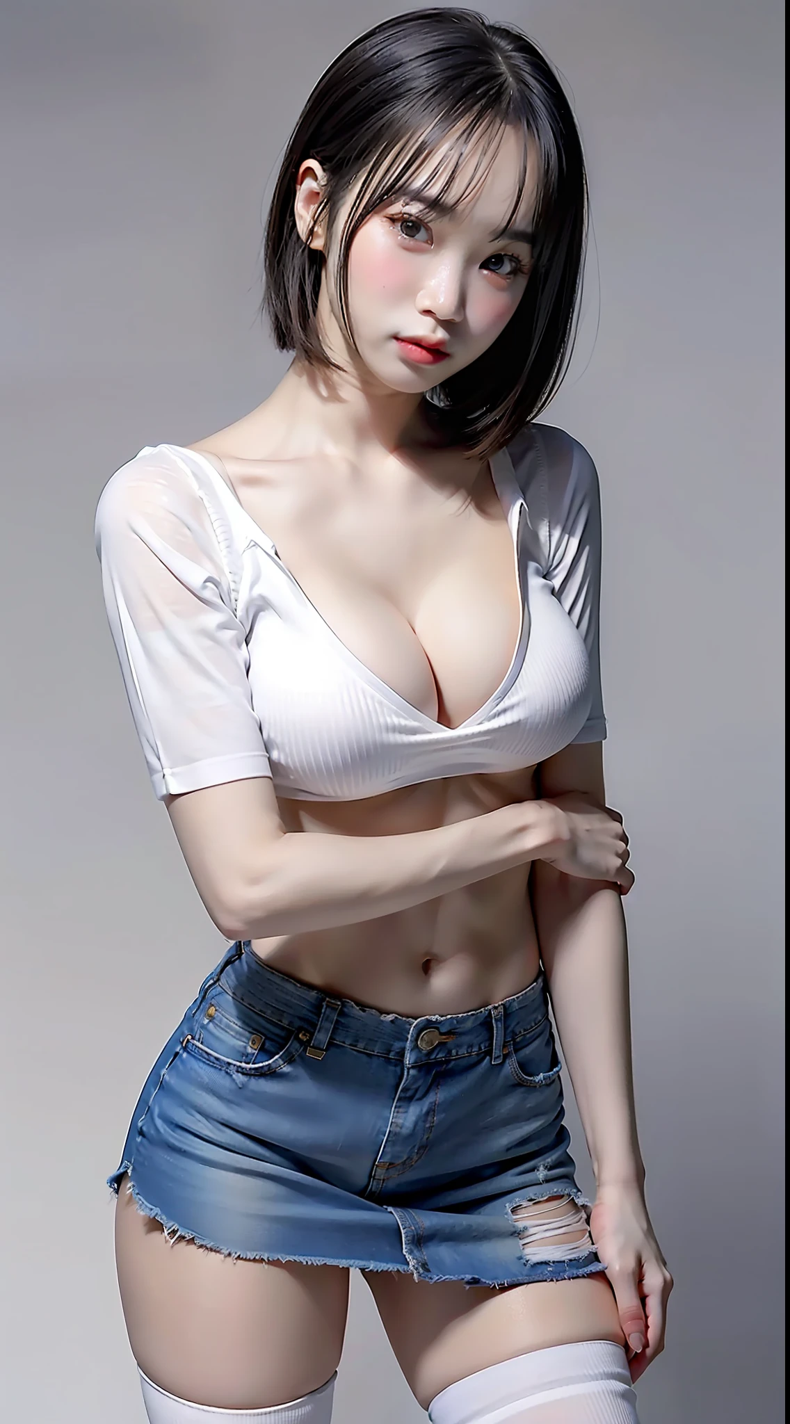 top-quality、masterpiece、1 girl in、A slender、small tits、Tight white shirt、hyperdetailed face、Detailed eye、二重まぶた、Denim Mini Skirt、knee high socks、full bodyesbian、without background、Beautiful abs、Navel、cleavage of the breast