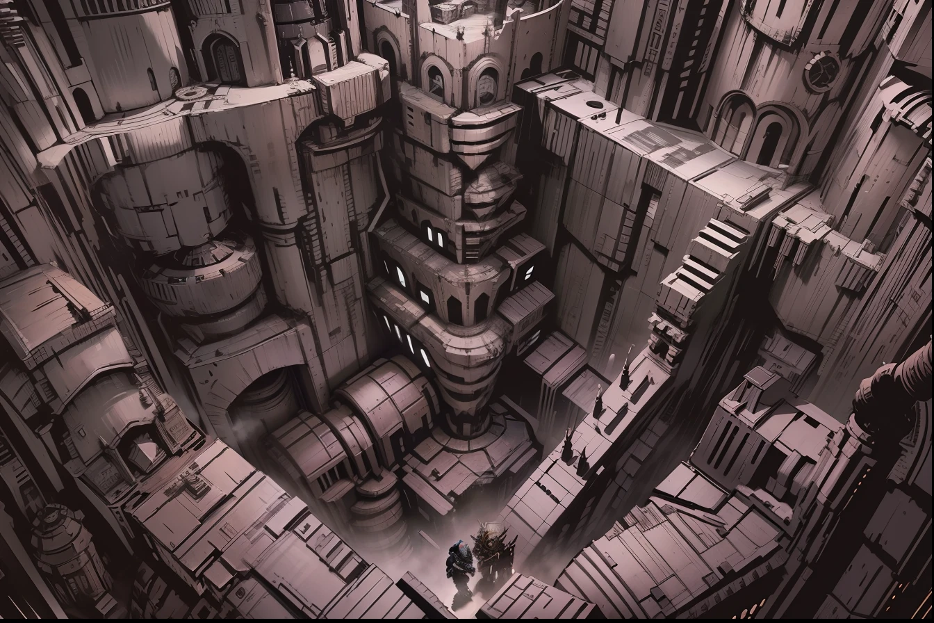 Uma cidade colmeia de Warhammer40k, it's round full of buildings that towered up to the sky on top of each other, like a pyramid,chaotic architecture, huge steel walls, com corredores infinitos, cor preta, ferro puro, com tubos grandes, Brutalista,