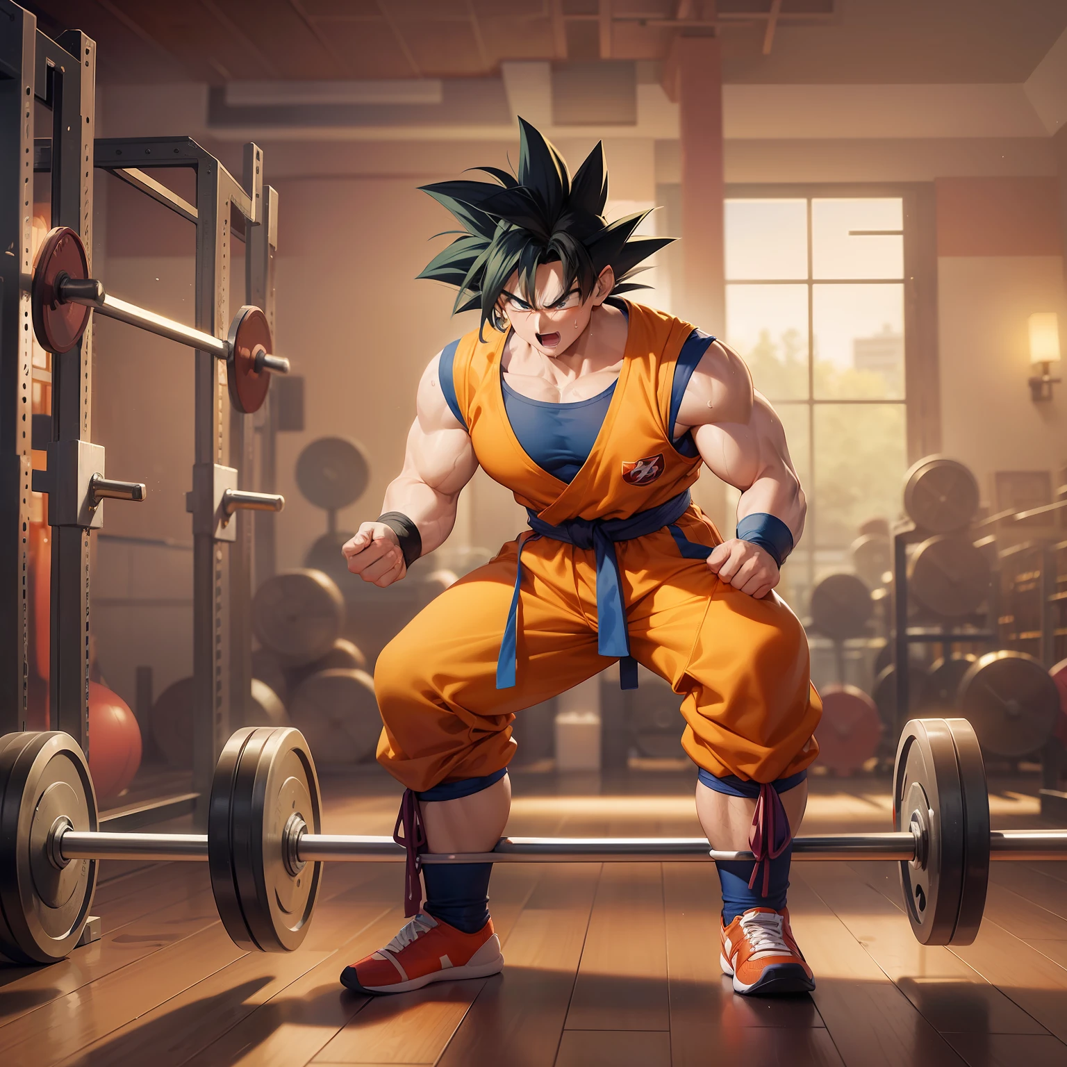 "Descreva uma imagem de uma academia comum, where Dragon Ball's character Son Goku is training in the center. He is striving hard to achieve his goal in a determined way, wearing his classic anime outfit. Ao seu redor, there are weight training equipment and weights. Goku is showing determination and sweating while performing challenging exercises. His posture shows muscle tension and his face reflects focus and dedication. Other gym-goers are present, motivated to achieve their goals. A luz do sol ilumina o ambiente, criando uma atmosfera energizante. Create an image that represents Goku's effort and persistence during his training journey, keeping him in his classic anime outfit."