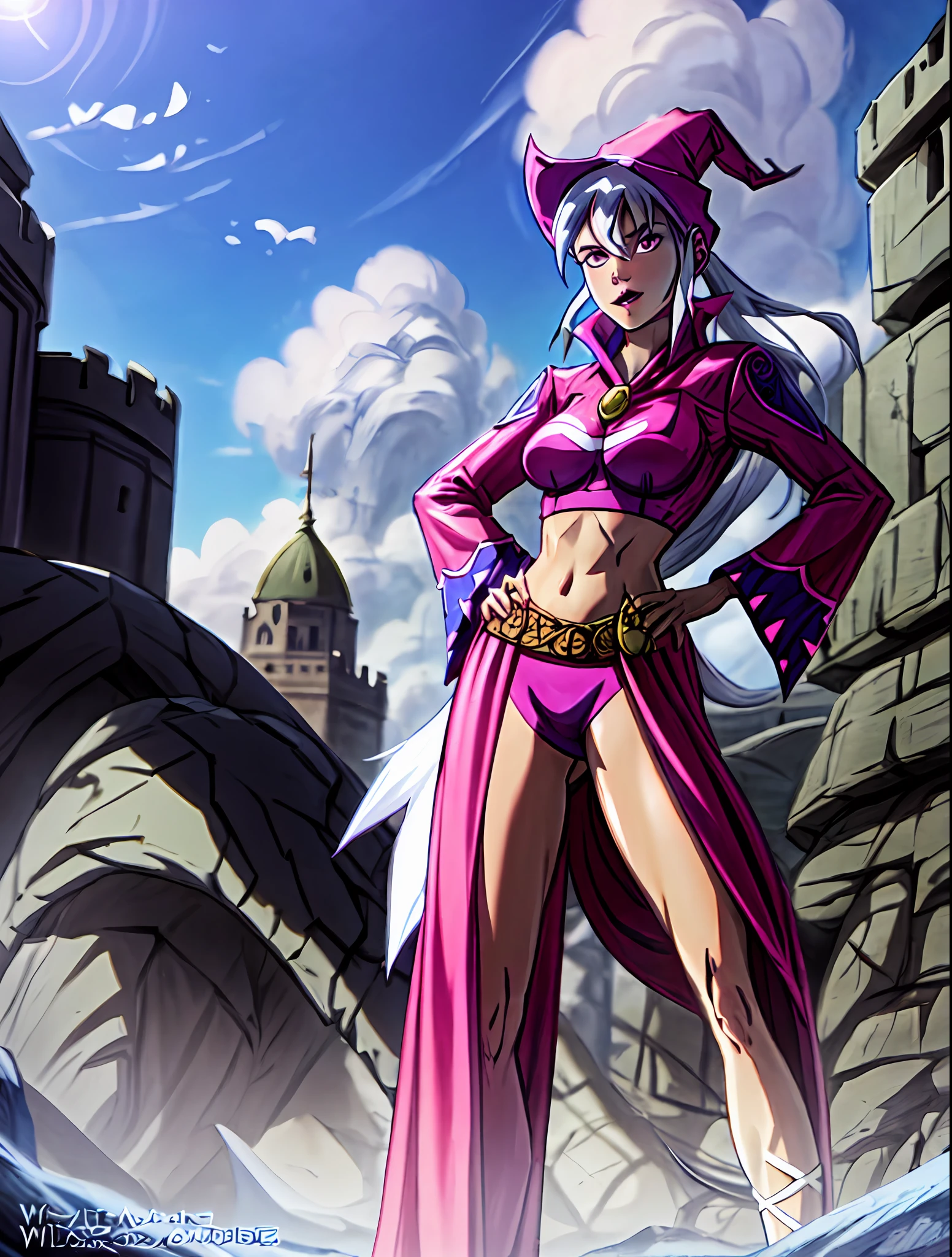 (cowboy shot), sfw,  (masterpiece), (best quality:1.0), (ultra highres:1.0), detailed eyes,
BREAK
Charmcaster, solo, 1girl, pink eyes, low ponytail, wispy bangs, hands on hips
mage_glam, pouch belt, witch hat, midriff
BREAK
(castle, outdoors,  gorgeous view)