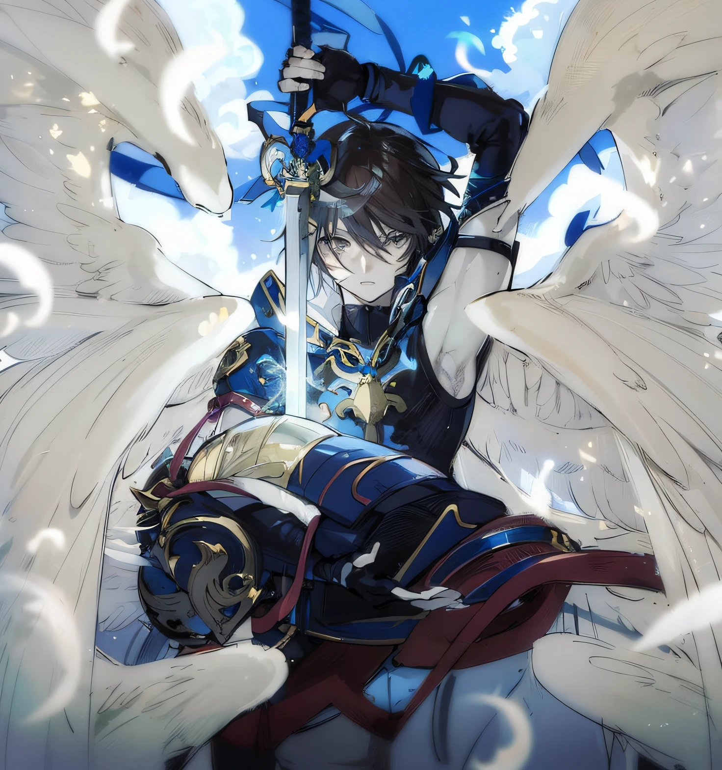 anime anime character with wings and sword in the sky, Anime Voador Esper, arte chave detalhada do anime, arte chave do anime, anime epic artwork, Anime Wallaper, arte detalhada do anime, por Yang J, anime de fantasia bonito, arte oficial do anime, ethereal anime, arte detalhada do anime, Masamune, arte de anime de alta qualidade, shigenori soejima illustration