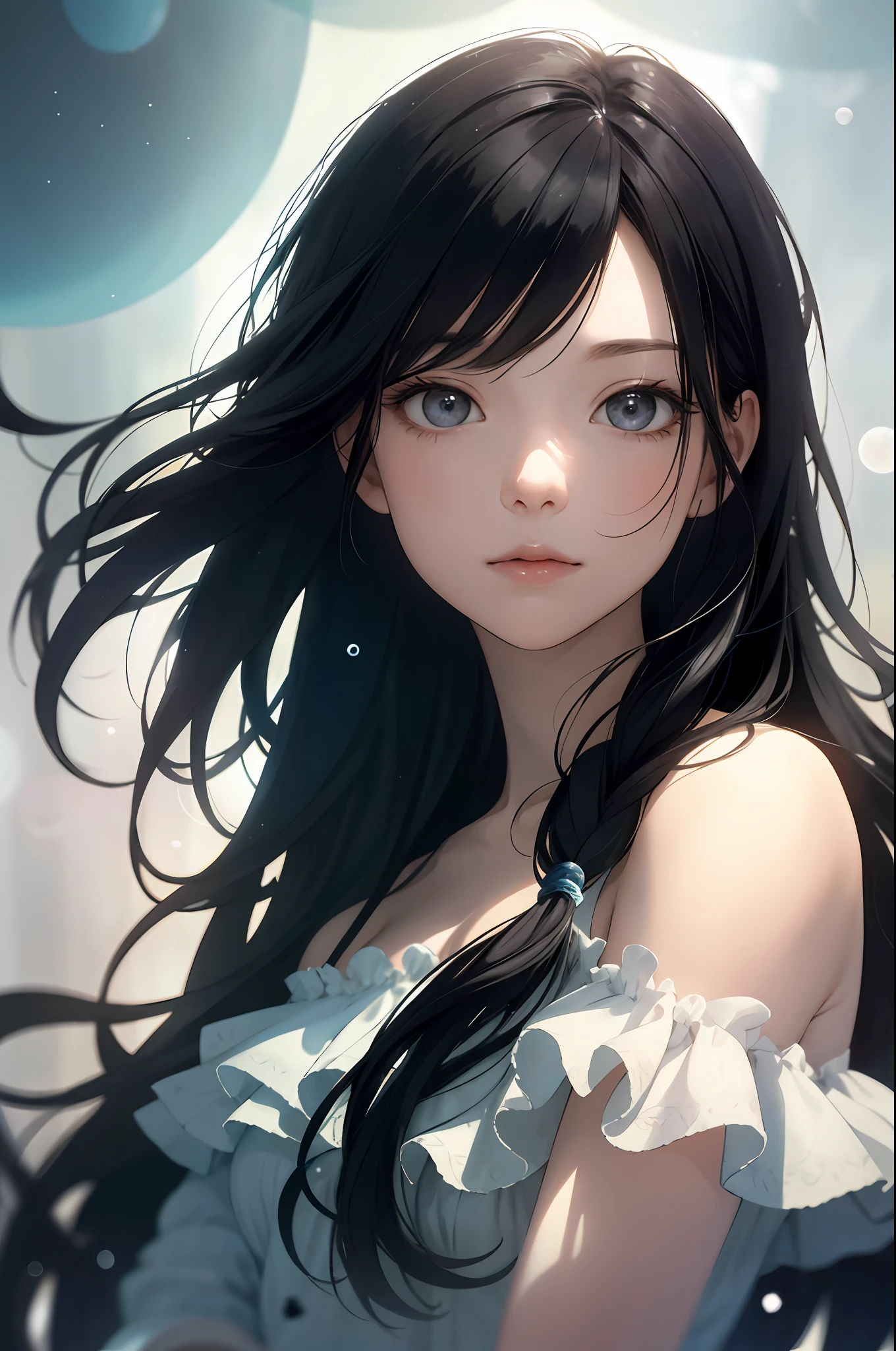 absurdres, highres, ultra detailed, (1 woman:1.3), black hair, long hair, simple background, watercolor style, soft blending, fluid colors, dreamy washes, delicate textures, organic shapes, atmospheric depth, (bokeh photography:1.3), soft focus, out-of-focus highlights, dreamy ambiance, glowing circles, mesmerizing depth, tilt-shift photography, miniature effect, selective focus, blurred edges, small-scale illusion, playful perspective