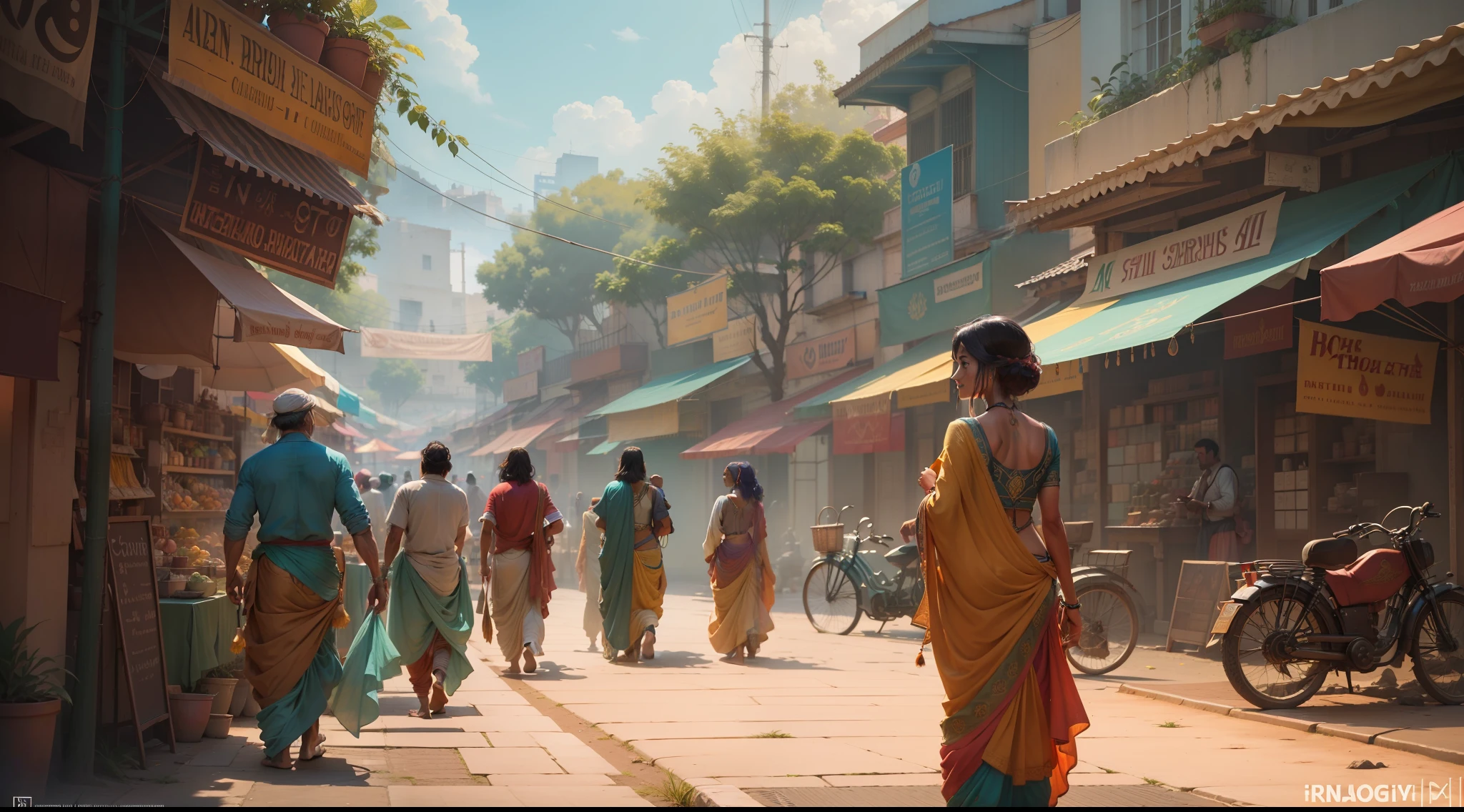 An Indian city in the 1900s, mercados de especiarias coloridos, ruas principais, greg rutkowski, makoto shinkai e lois van baarle, ilya kuvshinov, rossdraws, tom bagshaw, alphonse mucha, global ilumination, ambiente detalhado e intrincado, , mulheres usando sarees, homens usando dhoti, {fundo escuro}, cores ricas hiper realista textura realista {lighting dramatic} Unreal engine trend on Artstation Cinestill 800, 8k