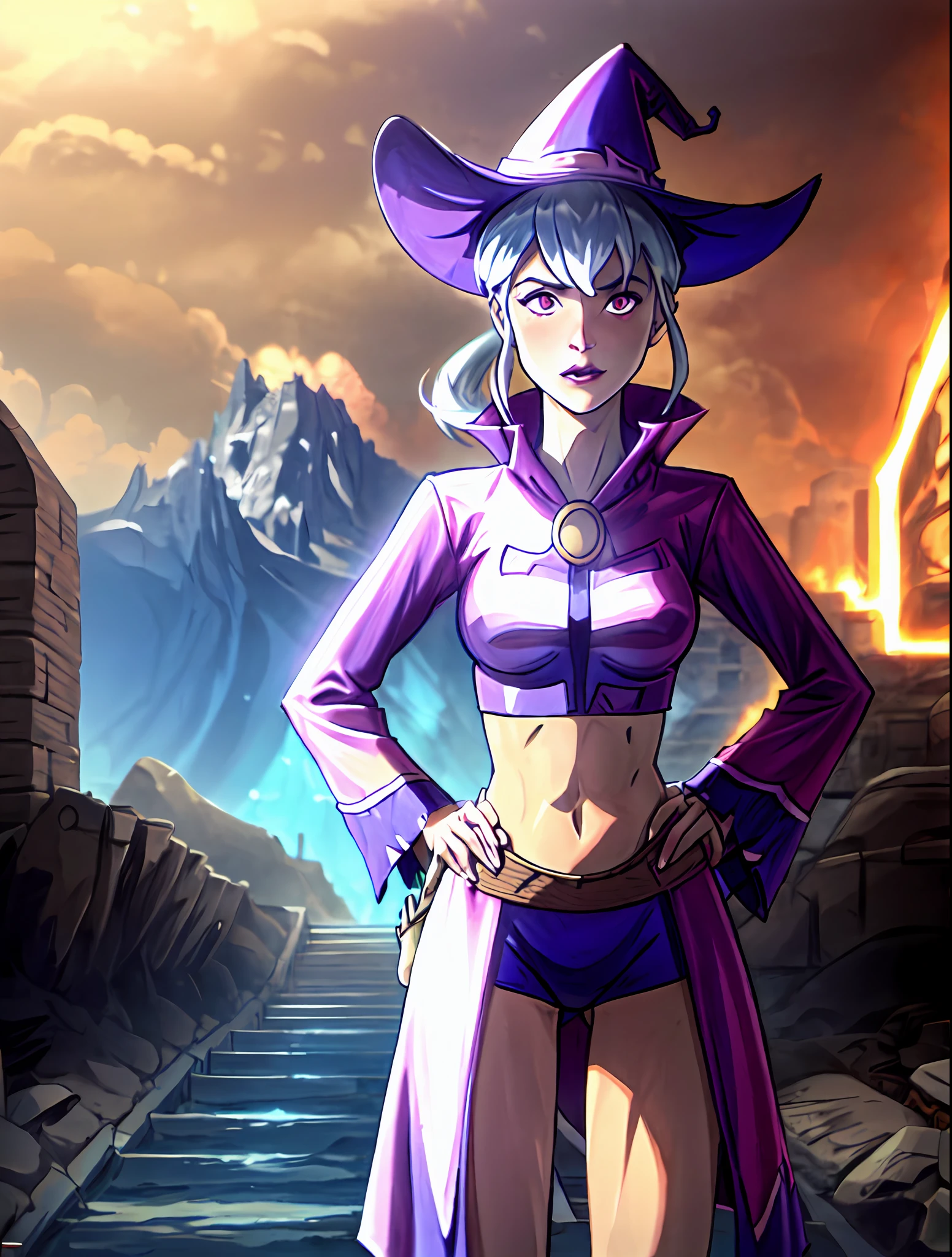 (cowboy shot), sfw,  (masterpiece), (best quality:1.0), (ultra highres:1.0), detailed eyes,
BREAK
Charmcaster, solo, 1girl, pink eyes, low ponytail, wispy bangs, hands on hips
mage_glam, pouch belt, witch hat, midriff
BREAK
(castle, outdoors,  gorgeous view)