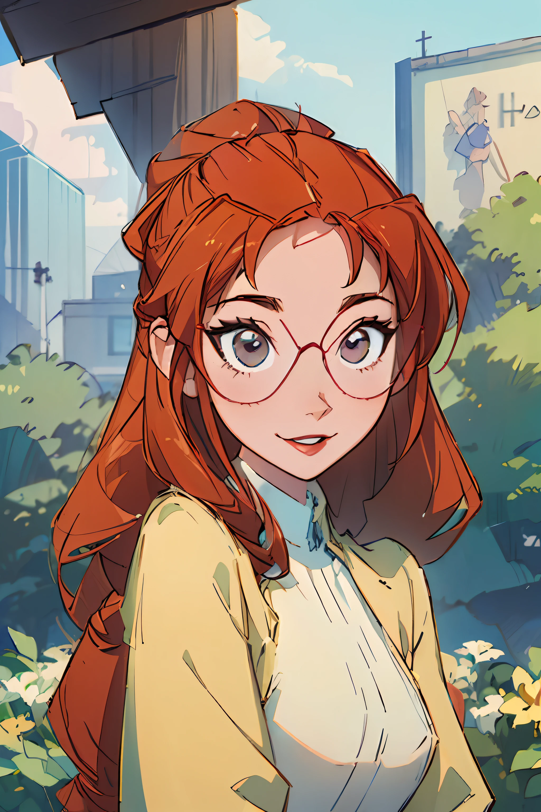 (masterpiece:1.4), (best quality:1.4), (high details:1.4), (high resolution:1.4), (detailed:1), 1girl, solo, Honey Lemon, glasses, outdoors, smile,